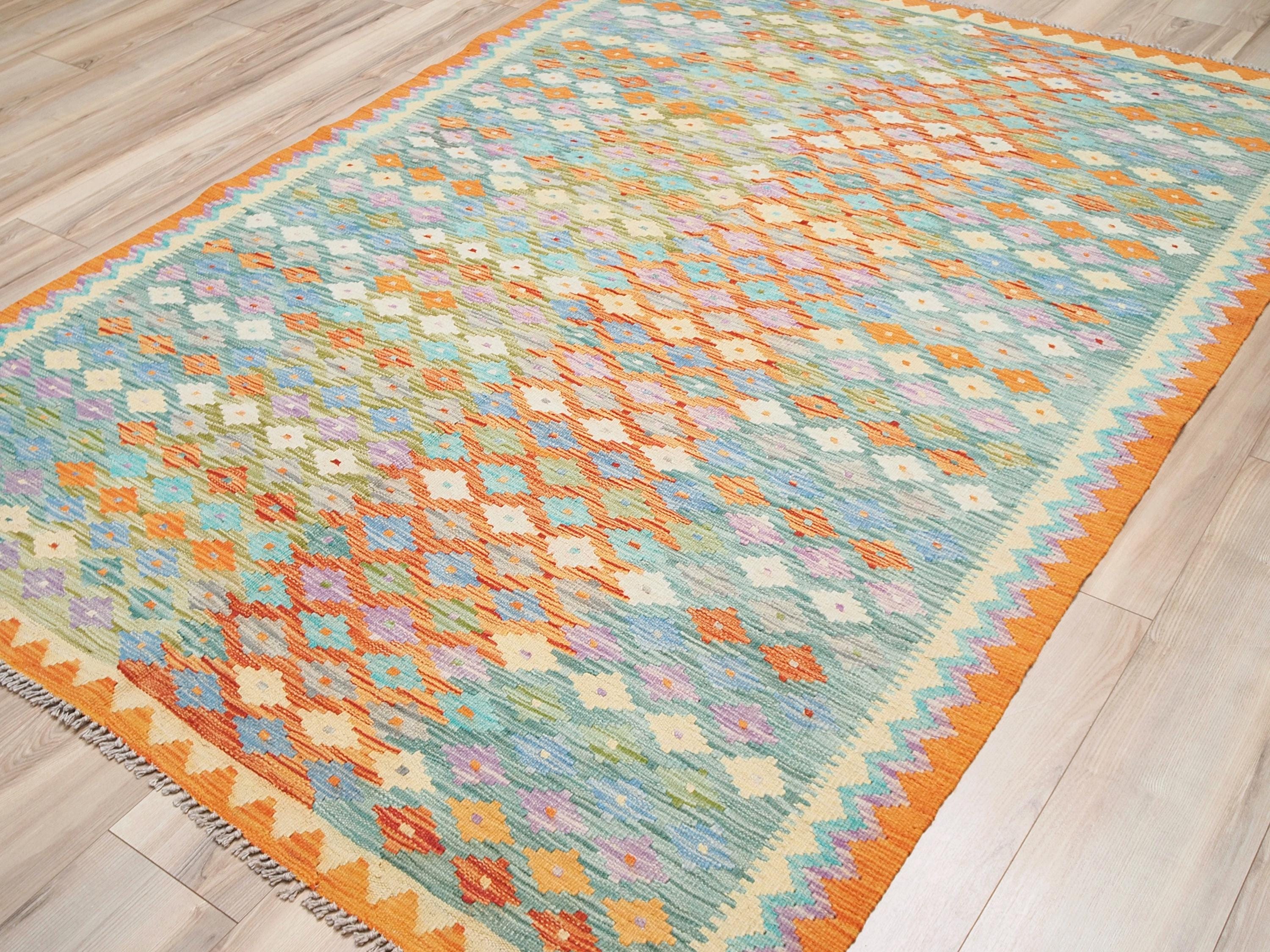 6x8 Ft Orange & Green Kilim Rug - Geometric Flatweave