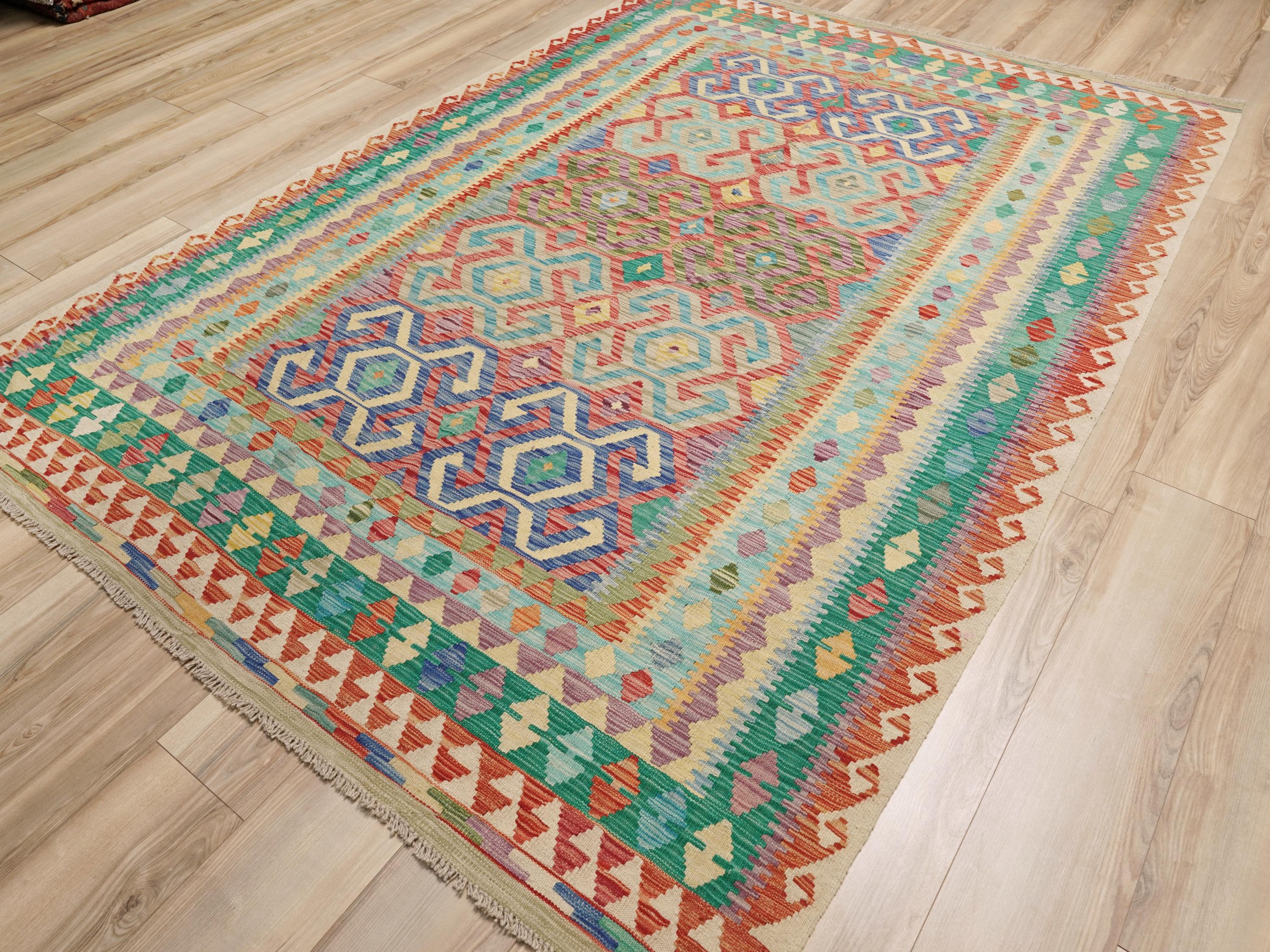 7x10 Ft Green Kilim Rug - Traditional Afghan Rug