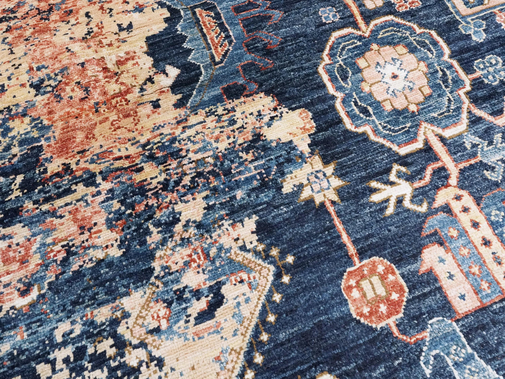9x12 Ft Red & Blue Heriz Rug - Hand Knotted Transitional Rug