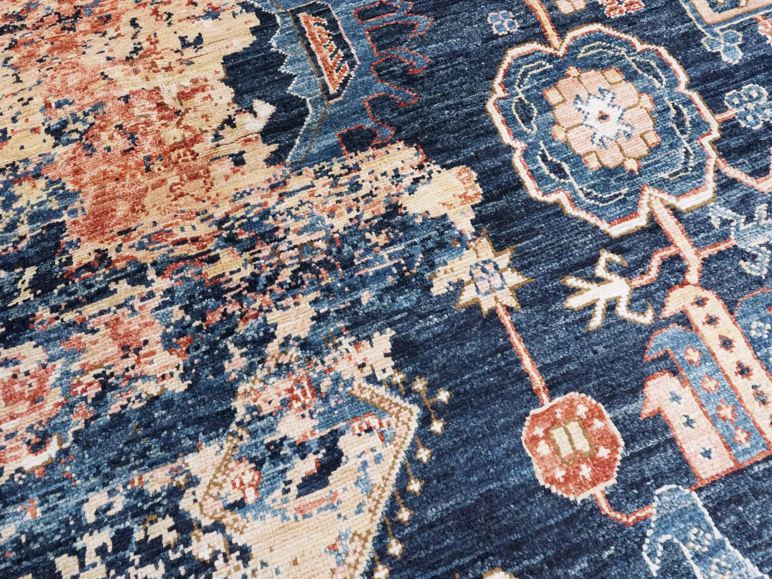 9x12 Ft Red & Blue Heriz Rug - Hand Knotted Transitional Rug
