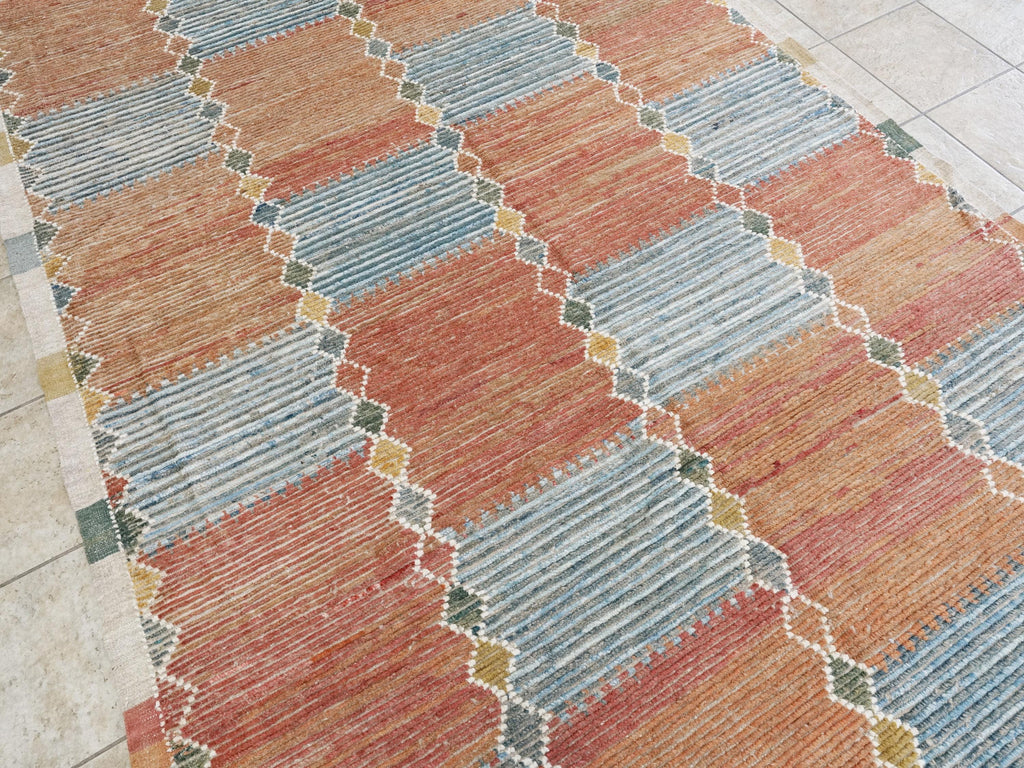 7x10 Ft Hand Knotted Afghan Wool Rug: Orange & Blue Moroccan Rug