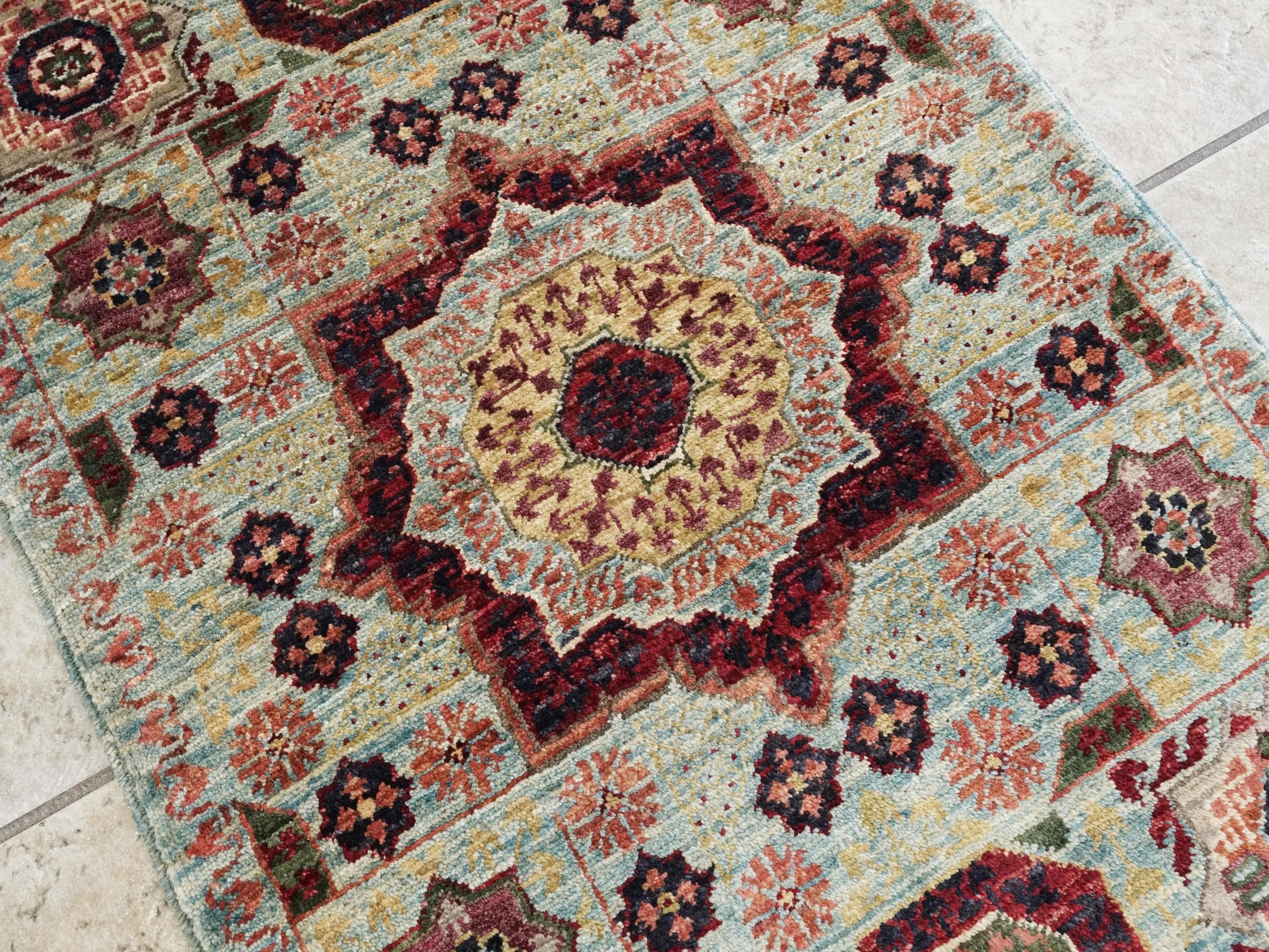 2x3 Ft Light Blue Mamluk Rug - Hand Knotted Ghazni Wool Accent Rug