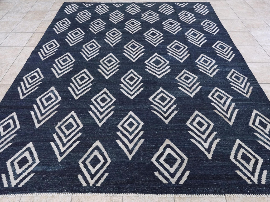 8x10 Ft Dark Blue Kilim Rug - Flat Weave Area Rug - Abstract Design