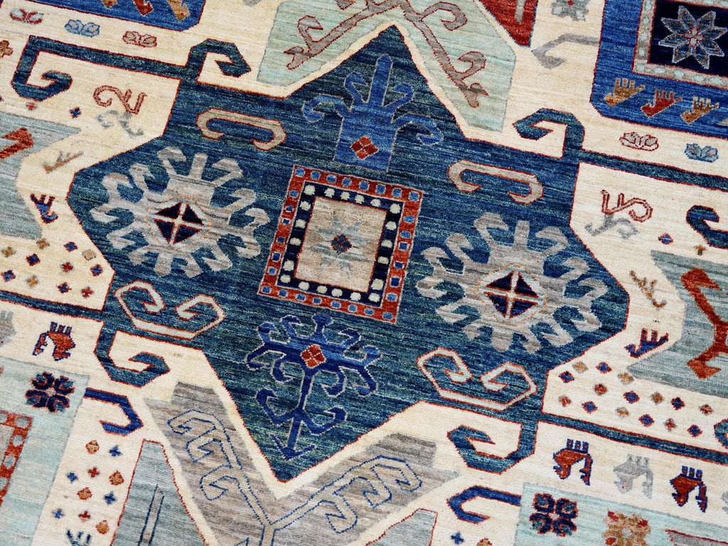 9x12 Ft Beige Heriz Rug - Afghan Oriental Area Rug - Geometric Design