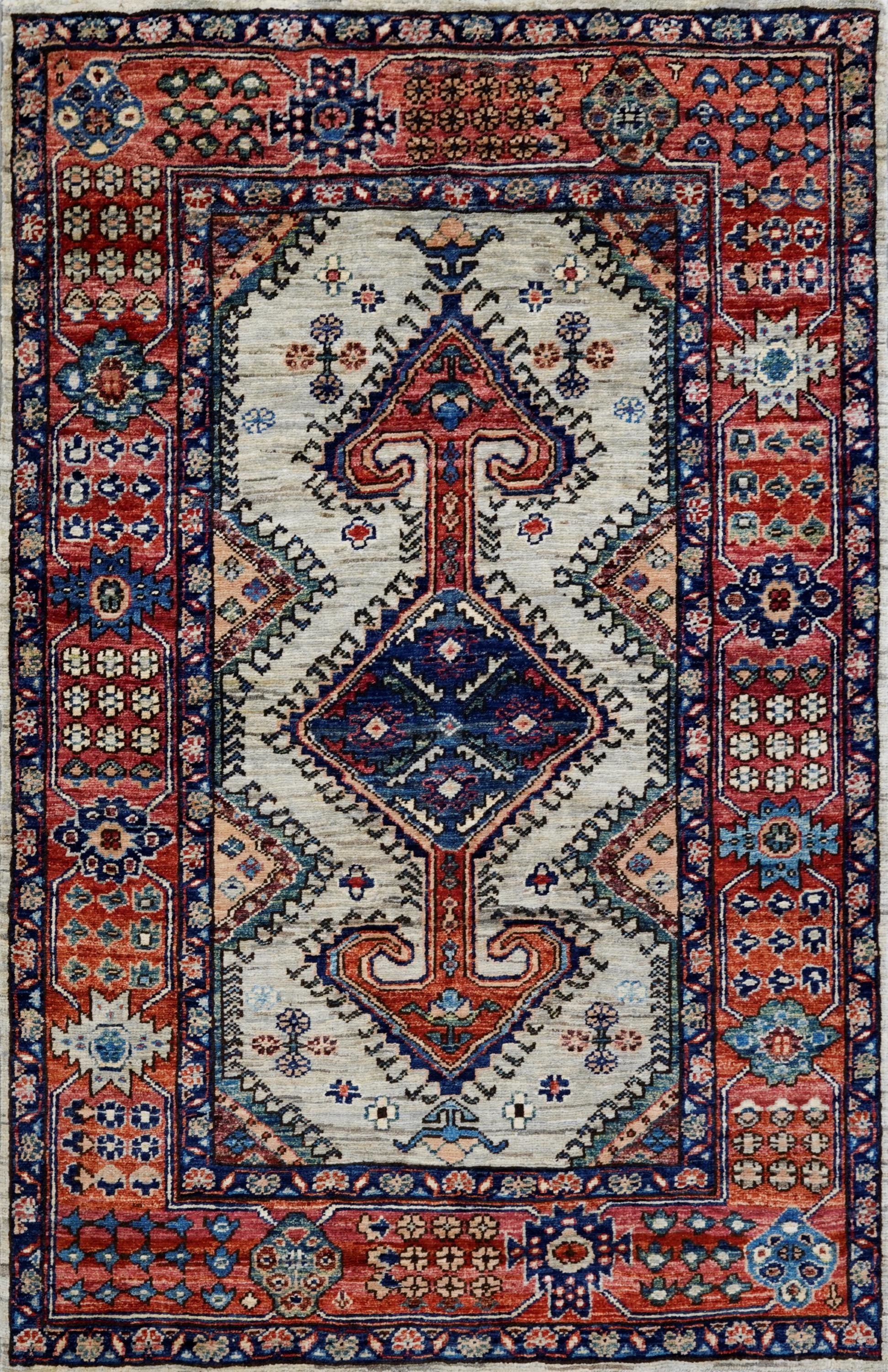 3x5 Ft Red & Gray Kazak Rug - Handmade Afghan Rug
