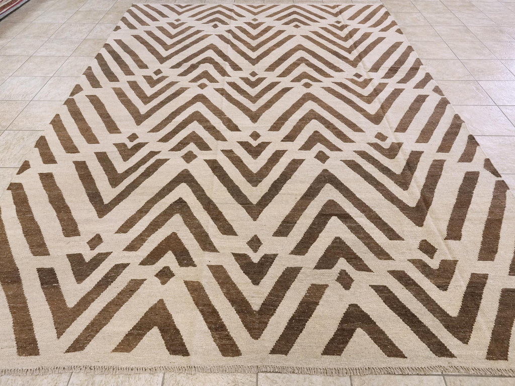 9x12 Ft Brown & Beige Killim Rug - Flat Weave Area Rug