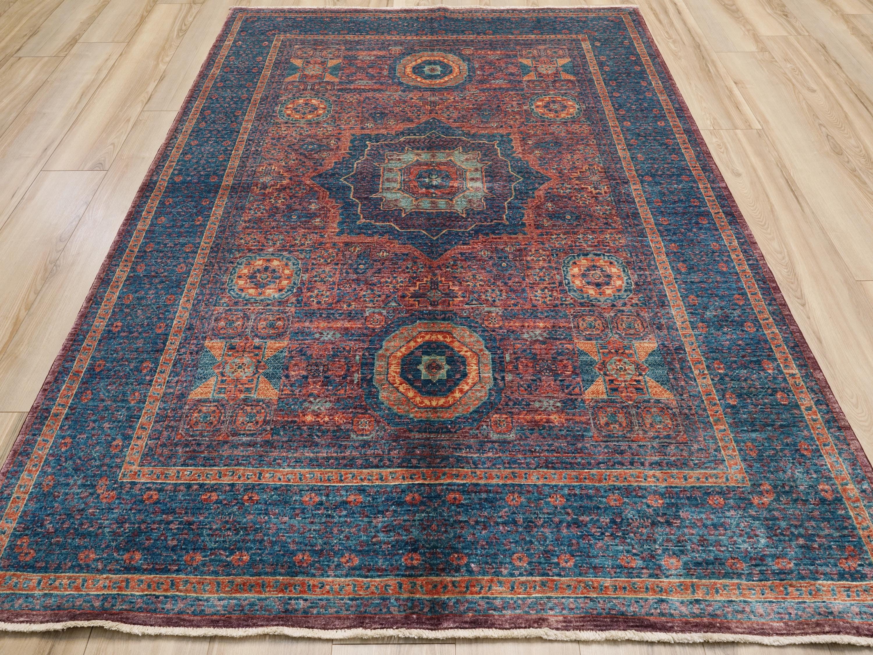 6x8 Ft Blue Mamluk Rug - Hand Knotted Oriental Rug - Geometric Design