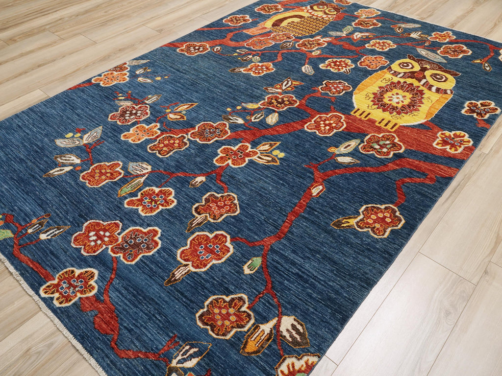 6x9 Ft Blue Owl Rug - Hand Knotted Wool Gabbeh Rug