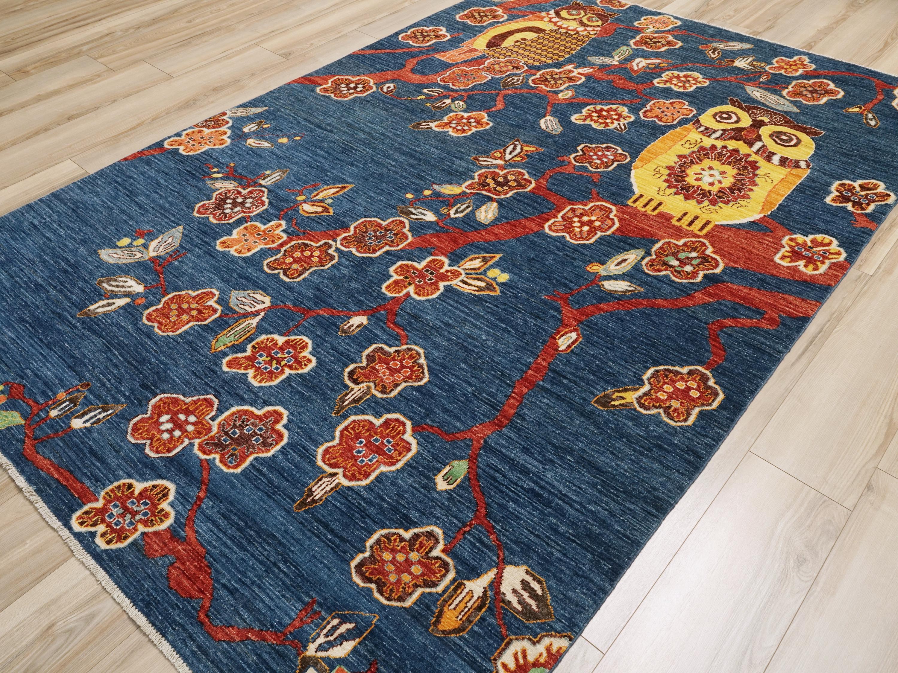 6x9 Ft Blue Owl Rug - Hand Knotted Wool Gabbeh Rug