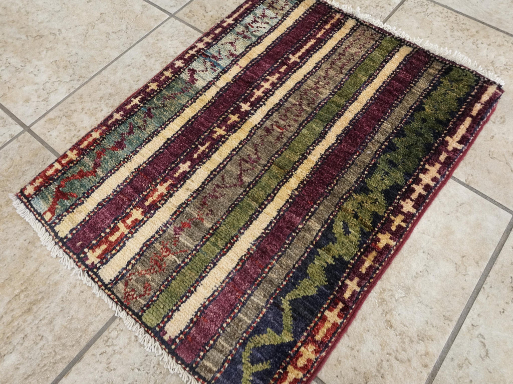 1x2 Ft Hand Knotted Purple Heriz Rug - Afghan Wool Accent Rug