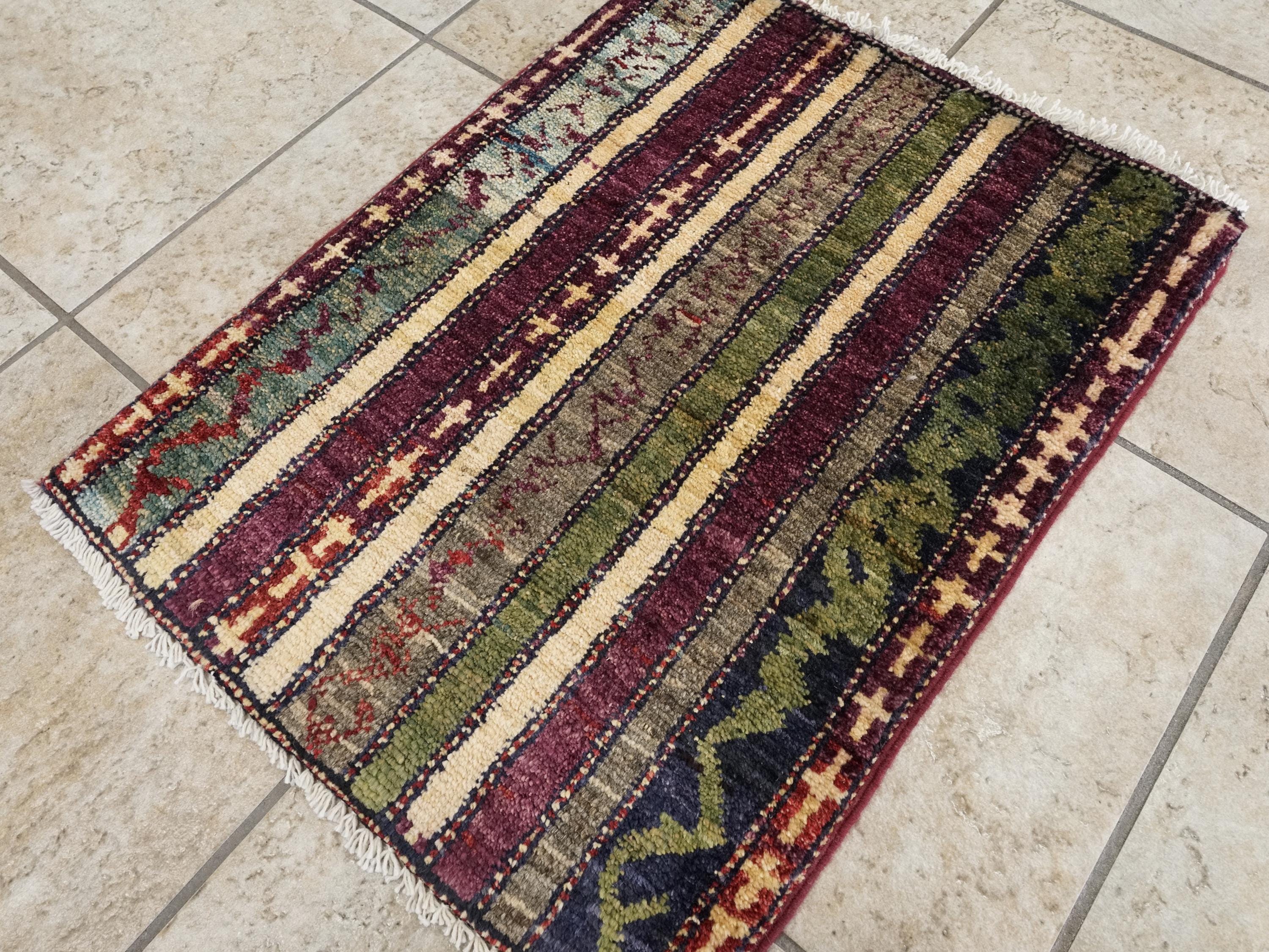 1x2 Ft Hand Knotted Purple Heriz Rug - Afghan Wool Accent Rug