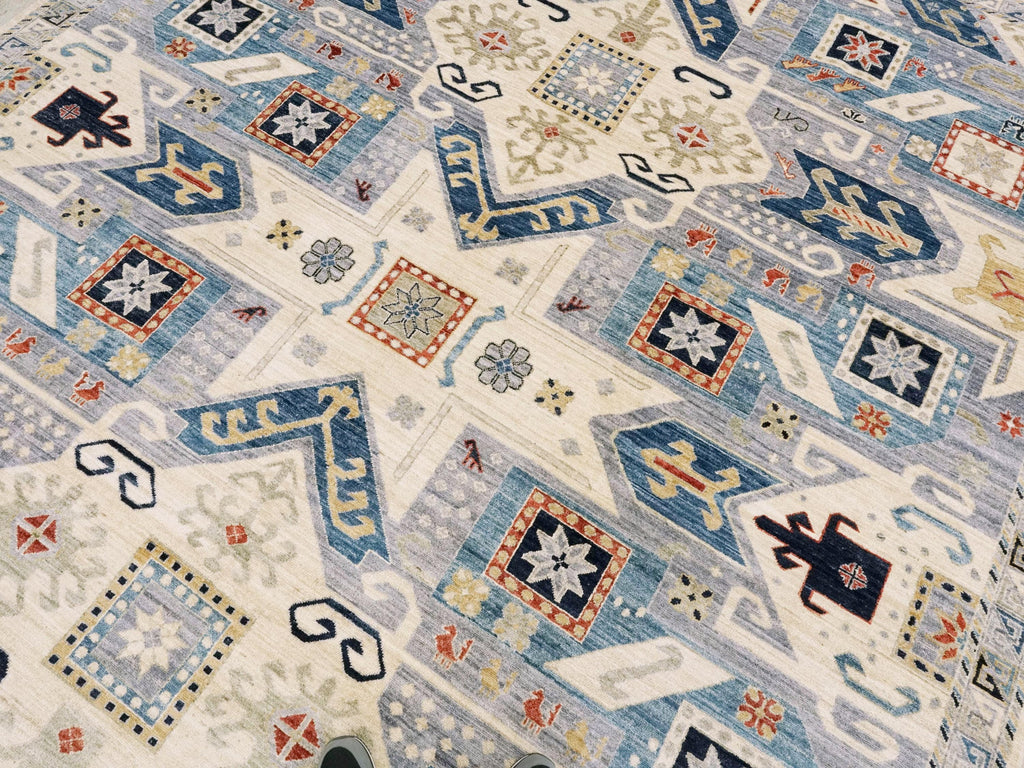 9x12 Ft Light Blue Heriz Rug - Traditional Hand Knotted Area Rug - Geometric Design