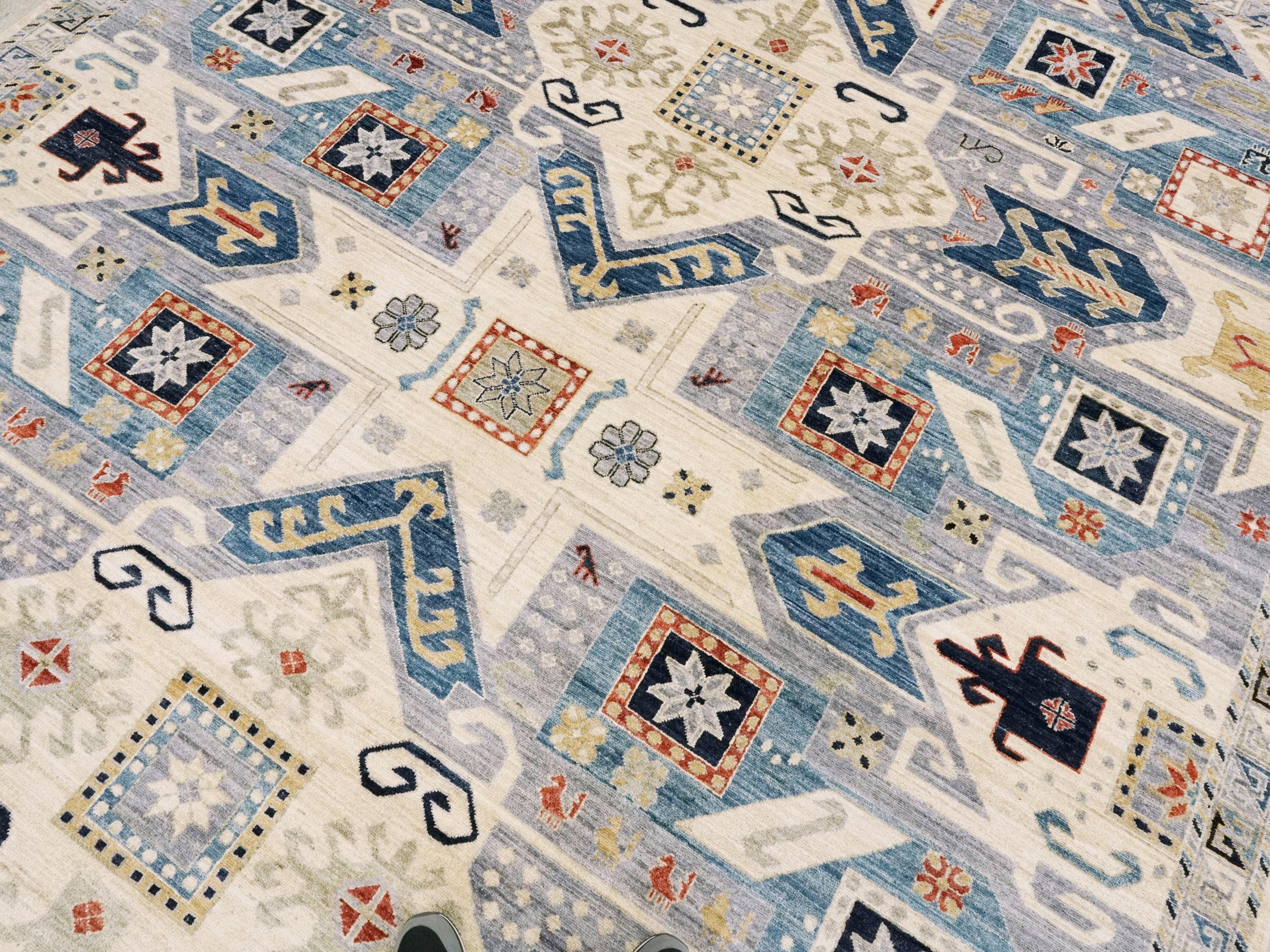 9x12 Ft Light Blue Heriz Rug - Traditional Hand Knotted Area Rug - Geometric Design