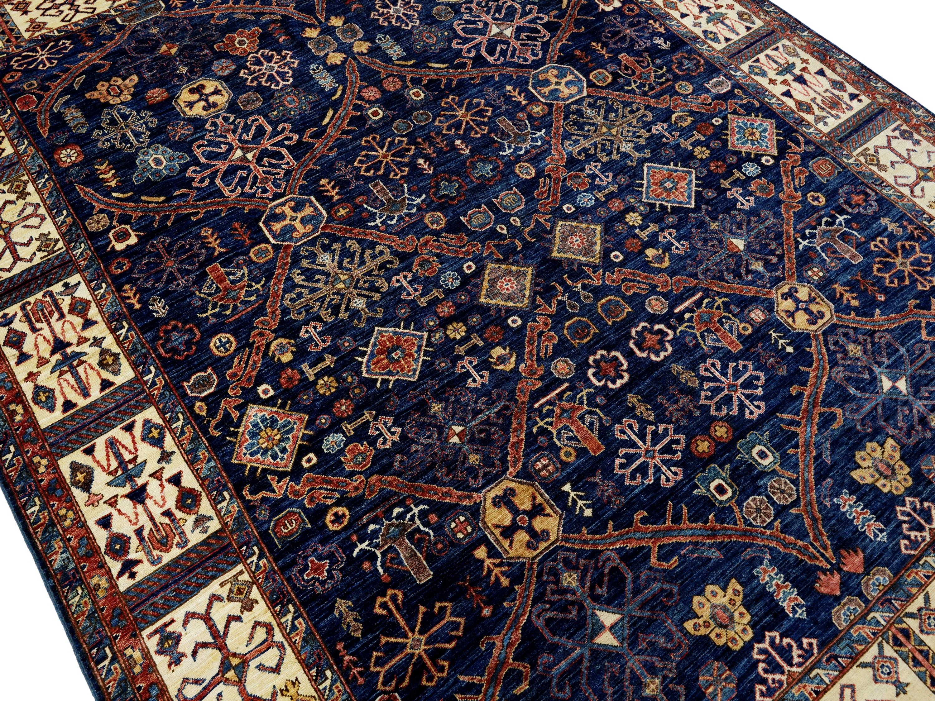 8x10 Ft Blue & Beige Heriz Rug - Hand Knotted Oriental Wool Rug