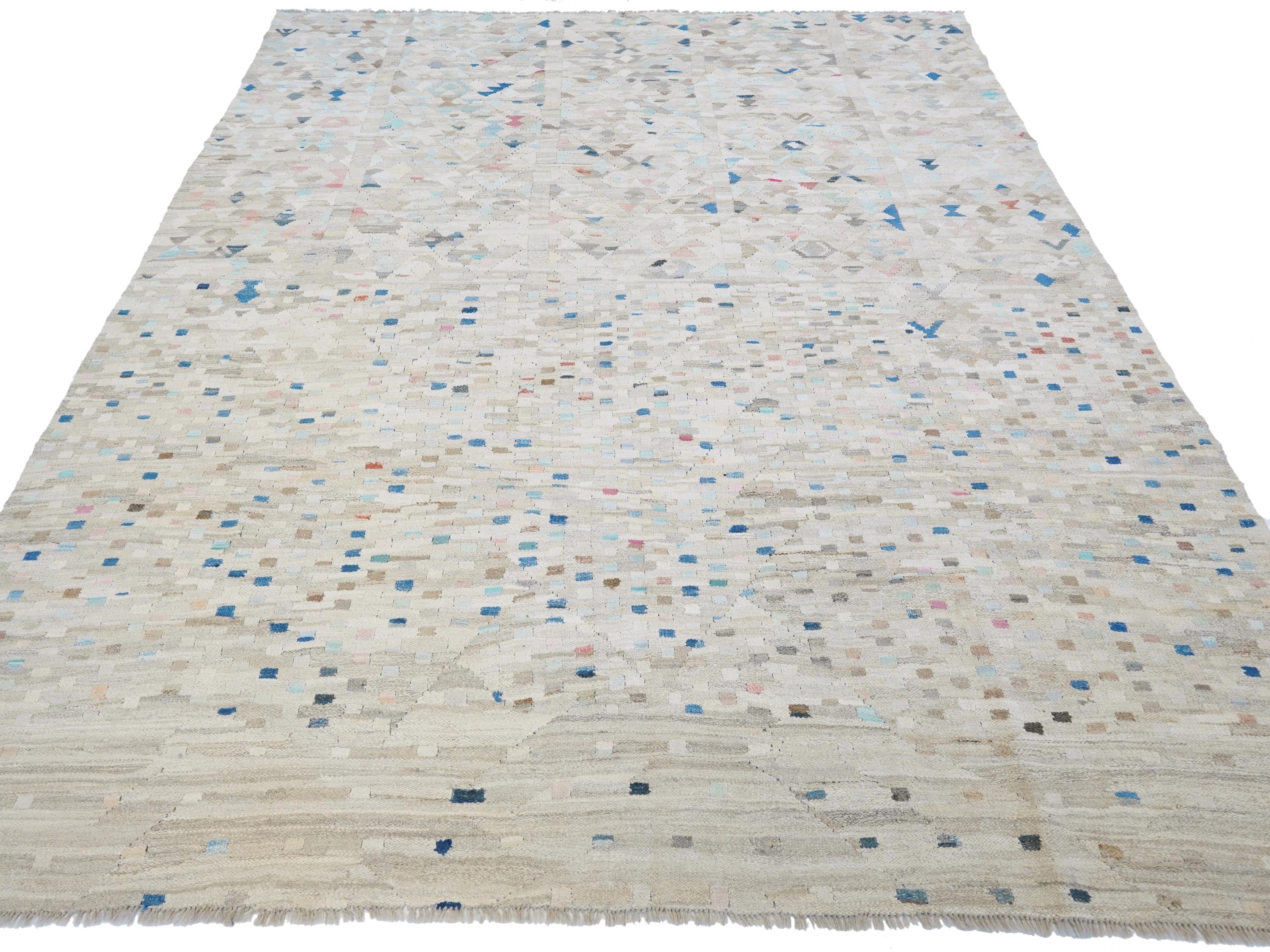 8x10 Ft Beige Kilim Rug - Flat Weave Area Rug - Modern Design
