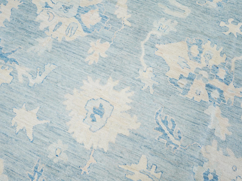 10x14 Ft Muted Blue Ushak Rug - Hand Knotted Wool Area Rug -  Floral Design