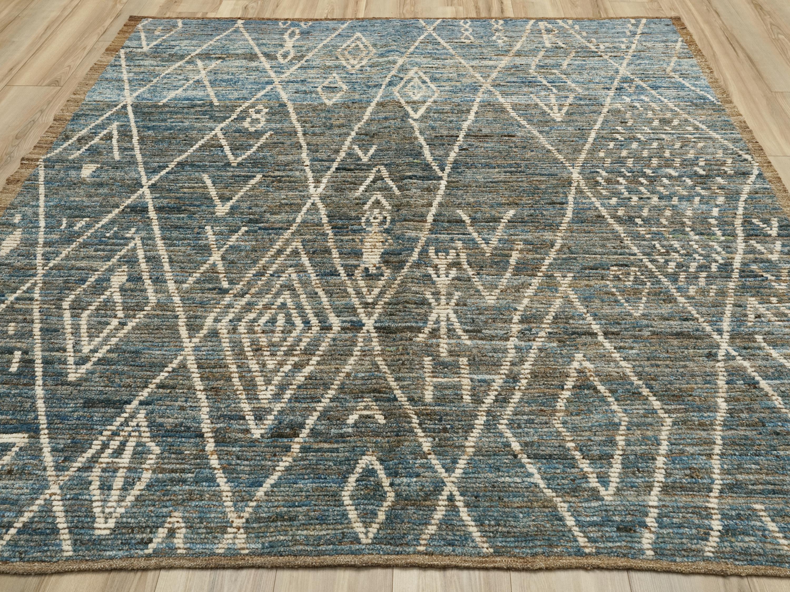 7x7 Ft Blue Moroccan Rug - Afghan Hand Knotted Square Rug