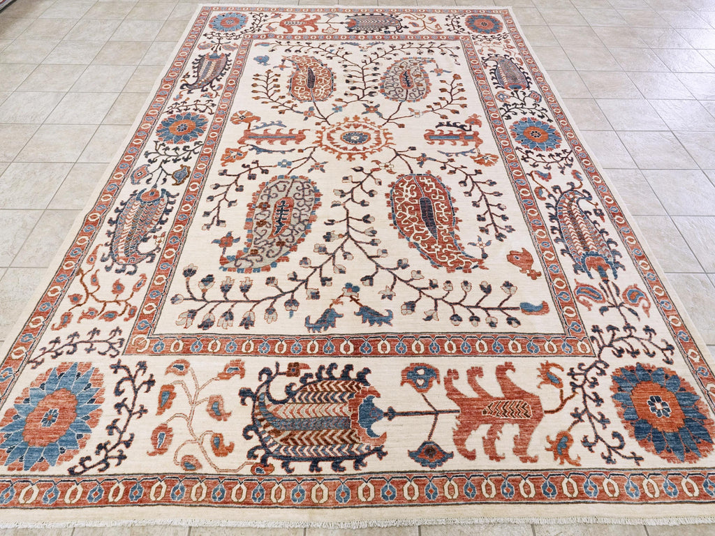 9x12 Ft Beige Wool Suzani Rug - Afghan Handmade Oriental Design