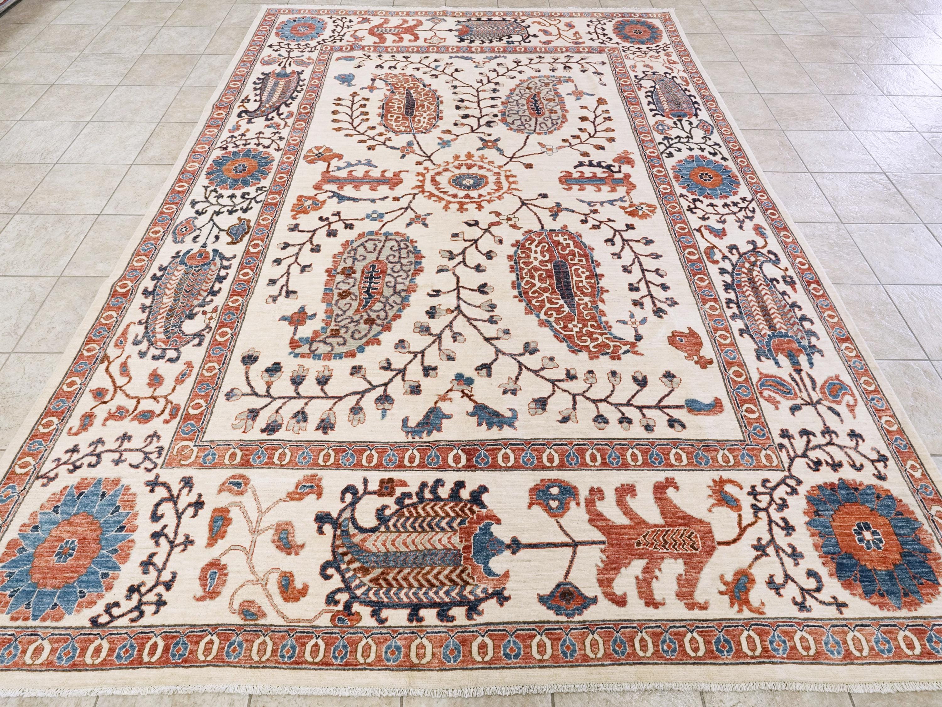 9x12 Ft Beige Wool Suzani Rug - Afghan Handmade Oriental Design