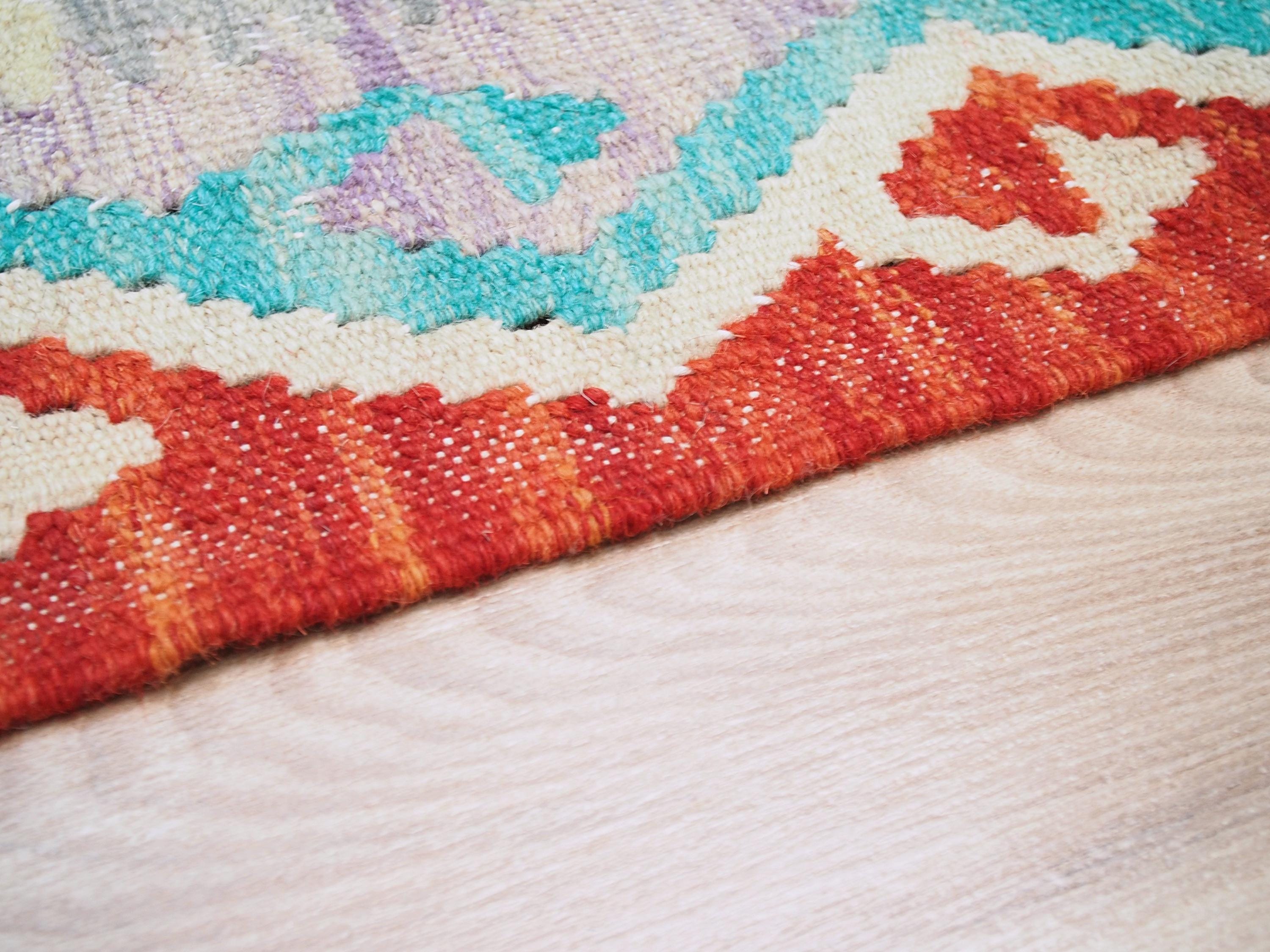 7x10 Ft Orange & Green Kilim Rug - Afghan Tribal Flat Weave