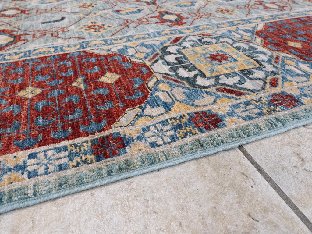 8x10 Ft Blue & Red Heriz Rug - Handmade Afghan Wool Rug - Traditional Persian Design