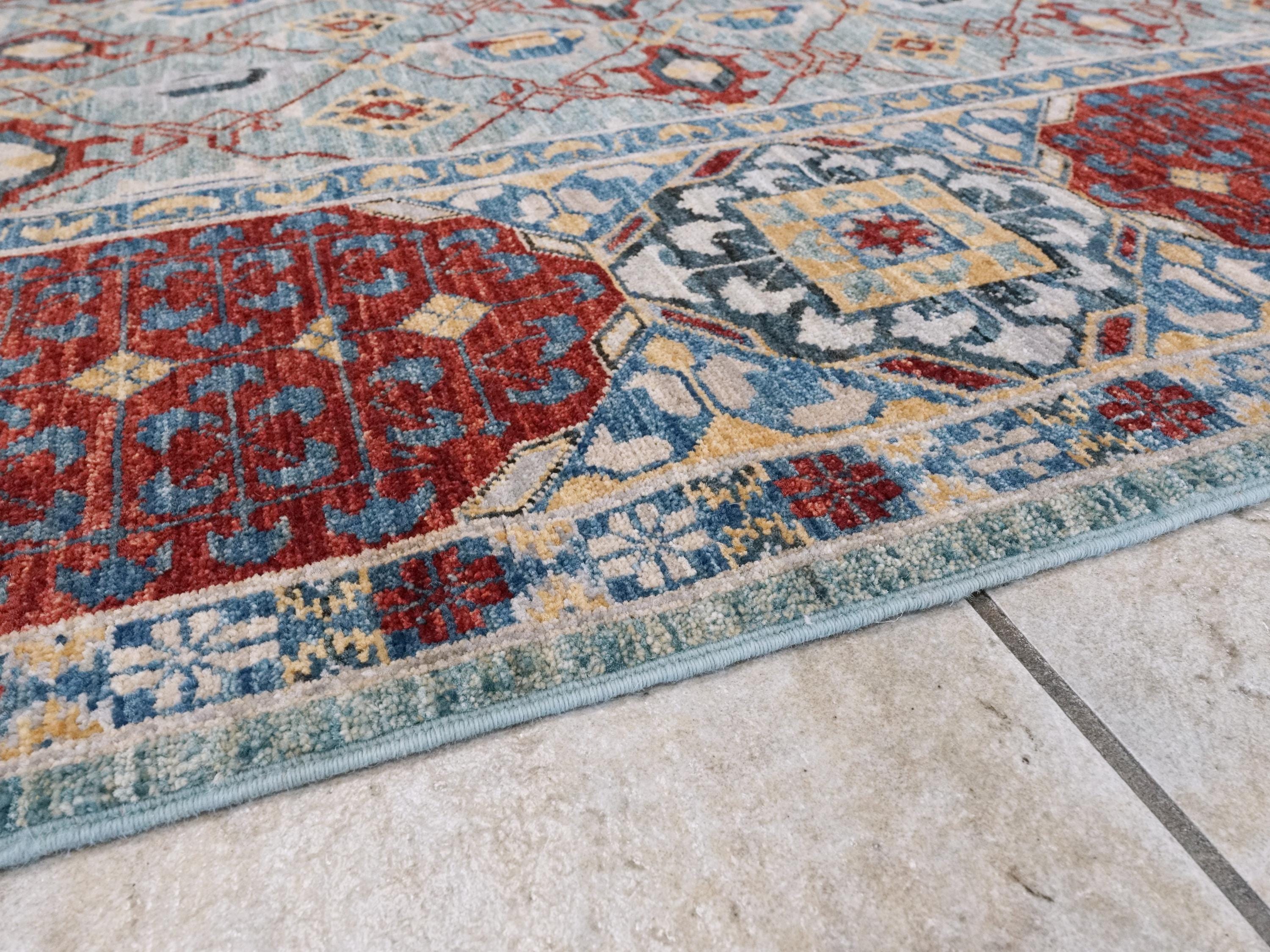 8x10 Ft Blue & Red Heriz Rug - Handmade Afghan Wool Rug - Traditional Persian Design