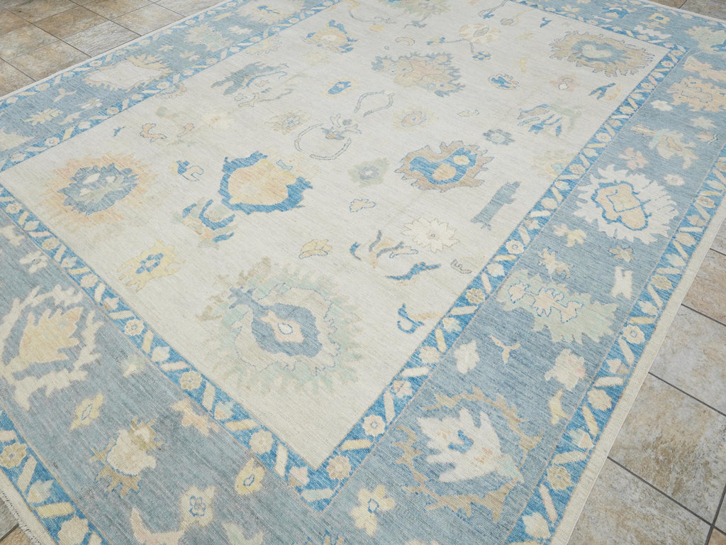10x14 Ft Muted Blue & Orange Oushak Rug - Hand Knotted Afghan Rug - Turkish Floral Design