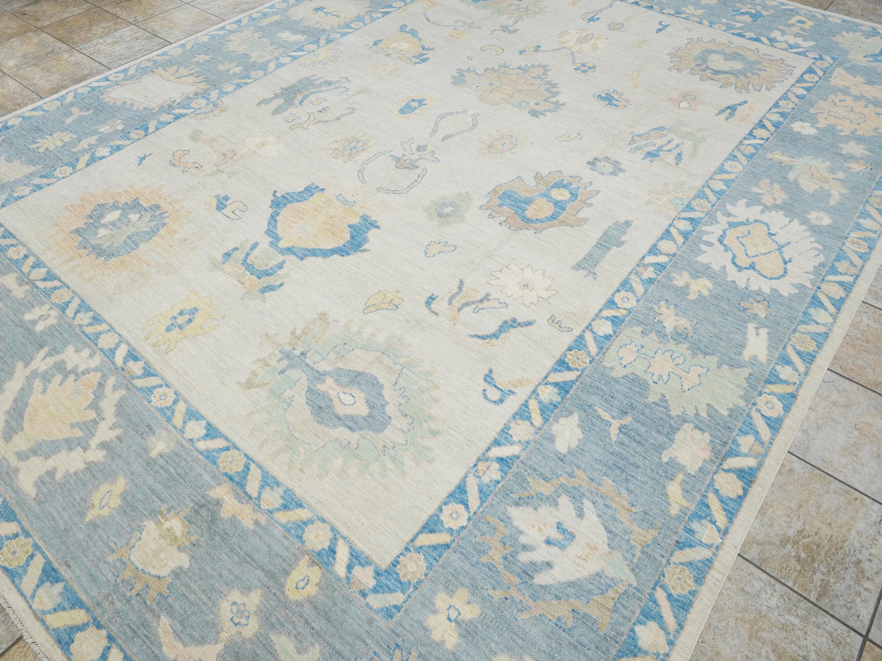 10x14 Ft Muted Blue & Orange Oushak Rug - Hand Knotted Afghan Rug - Turkish Floral Design