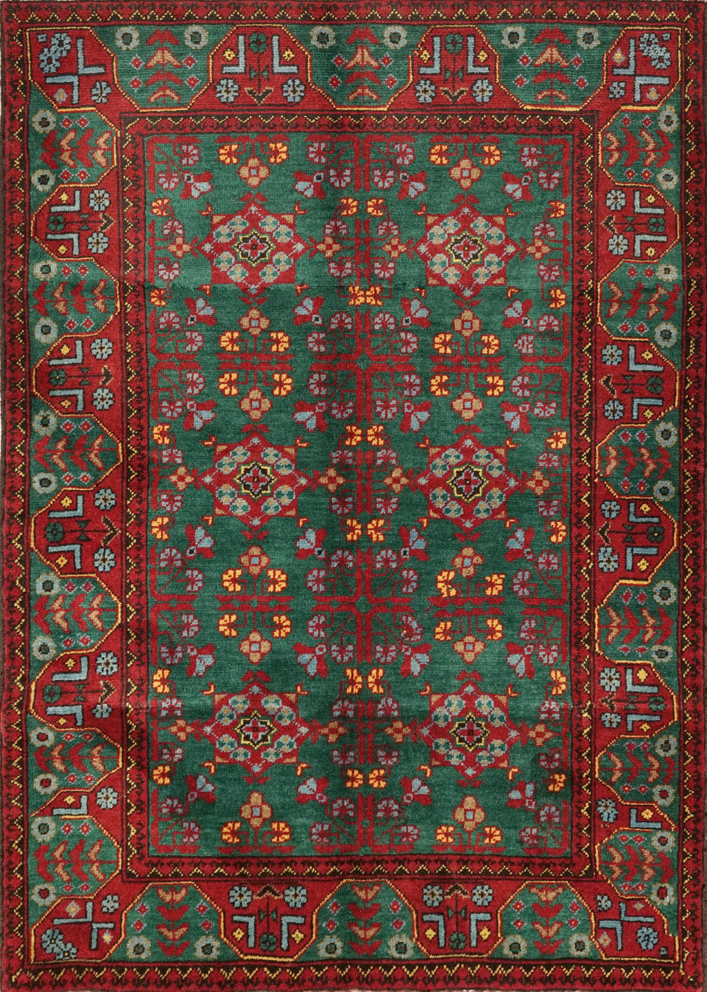 3x5 Ft Green & Red Ersari Rug - Afghan Wool Rug - Turkmen Design