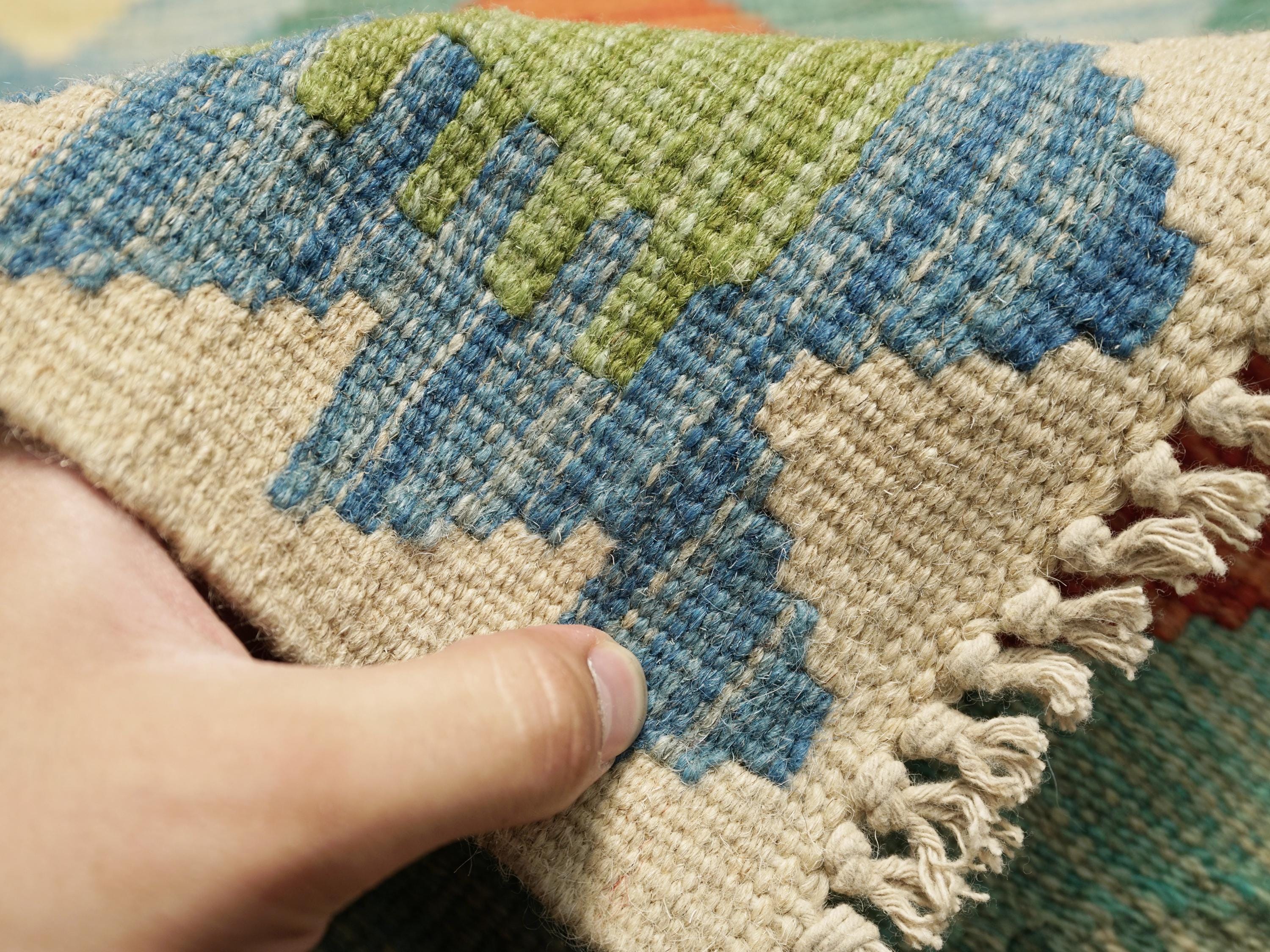 9 Ft Kilim Runner Rug - Green & Orange Traditional Afghan Rug