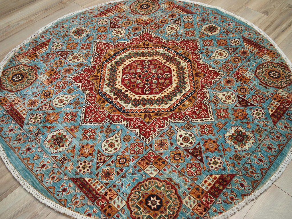 6x6 Ft Hand Knotted Light Blue Mamluk Rug - Round Oriental Medallion Rug
