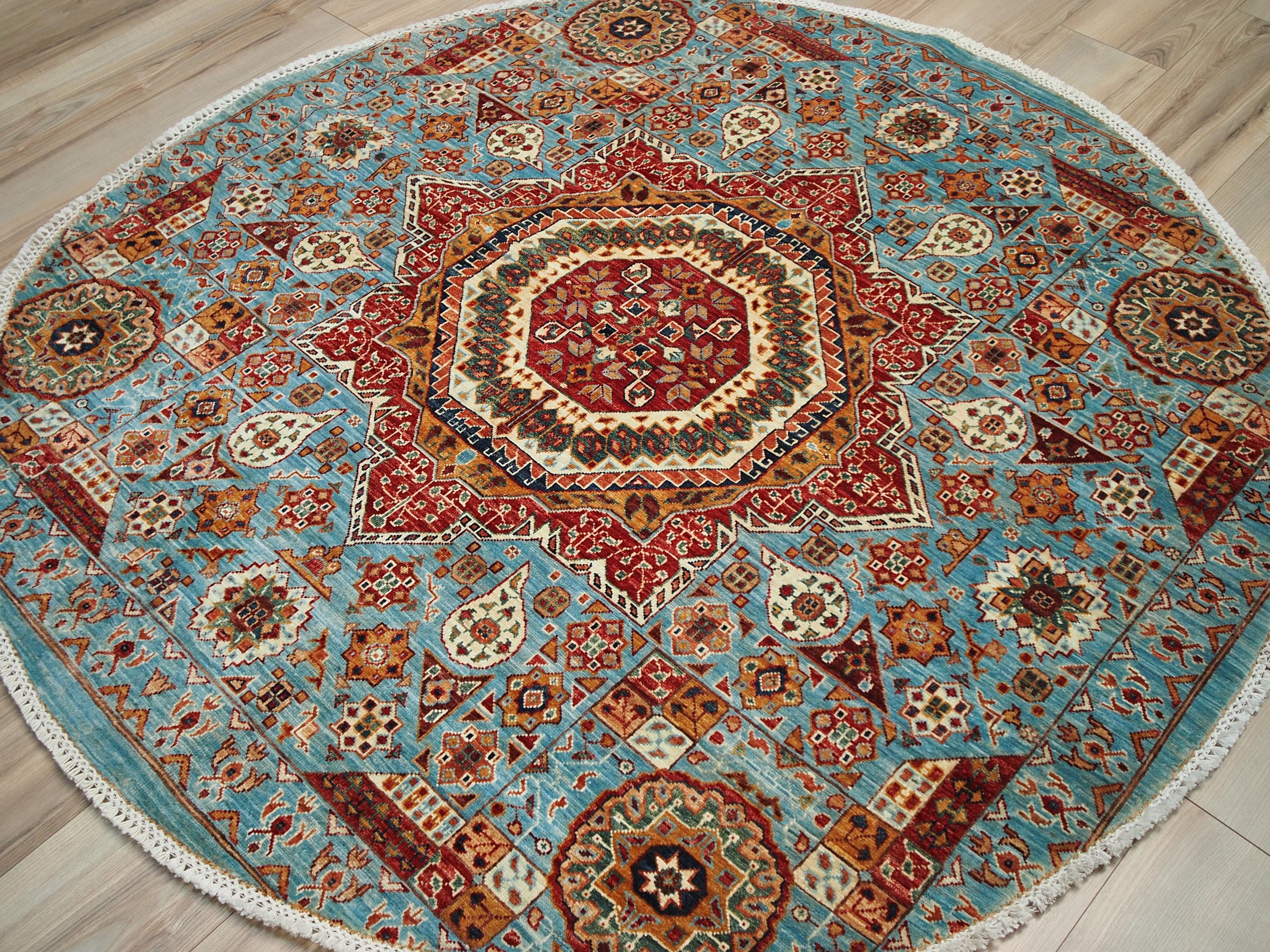 6x6 Ft Hand Knotted Light Blue Mamluk Rug - Round Oriental Medallion Rug