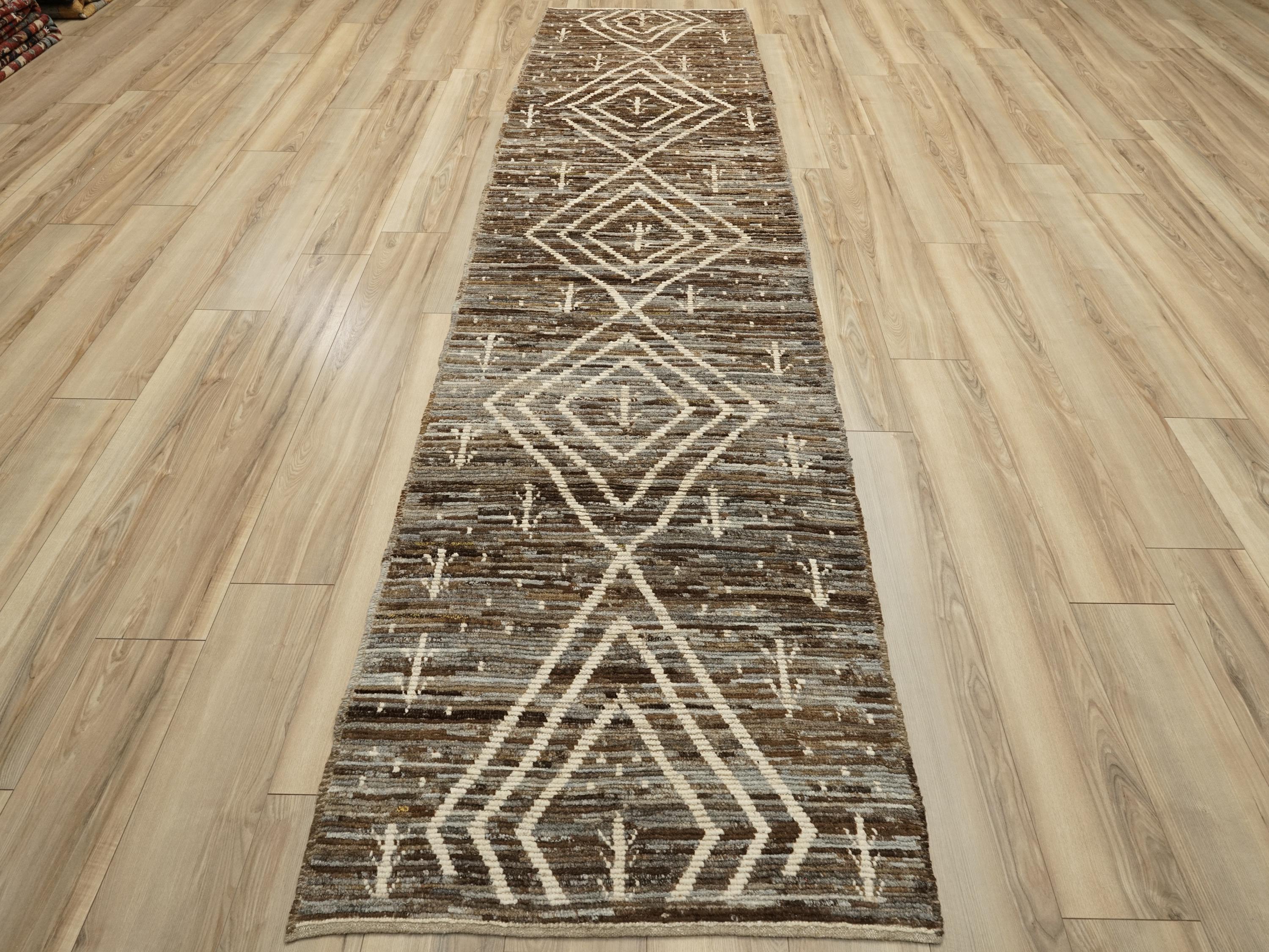 12 Ft Brown Moroccan Runner Rug: Afghan Handmade Wool Rug