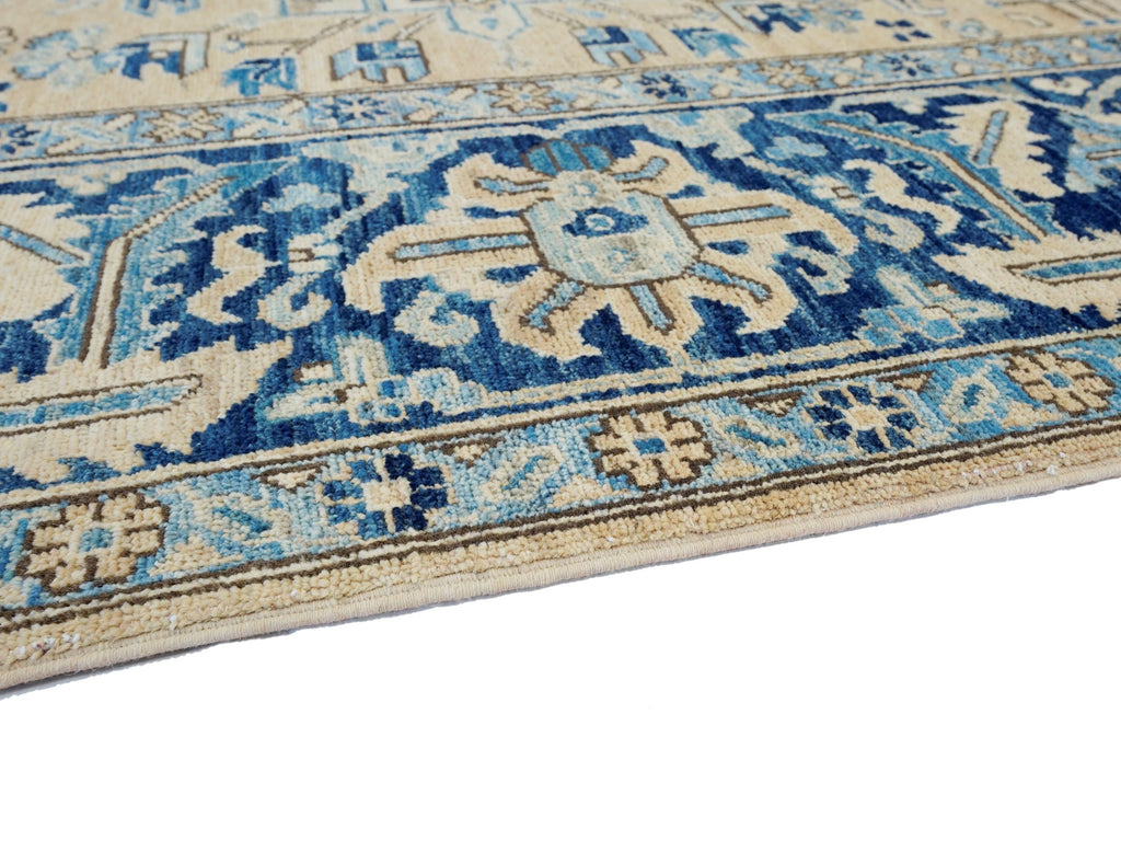 10x14 Ft Beige & Blue Heriz Rug - Hand Knotted Antique Rug