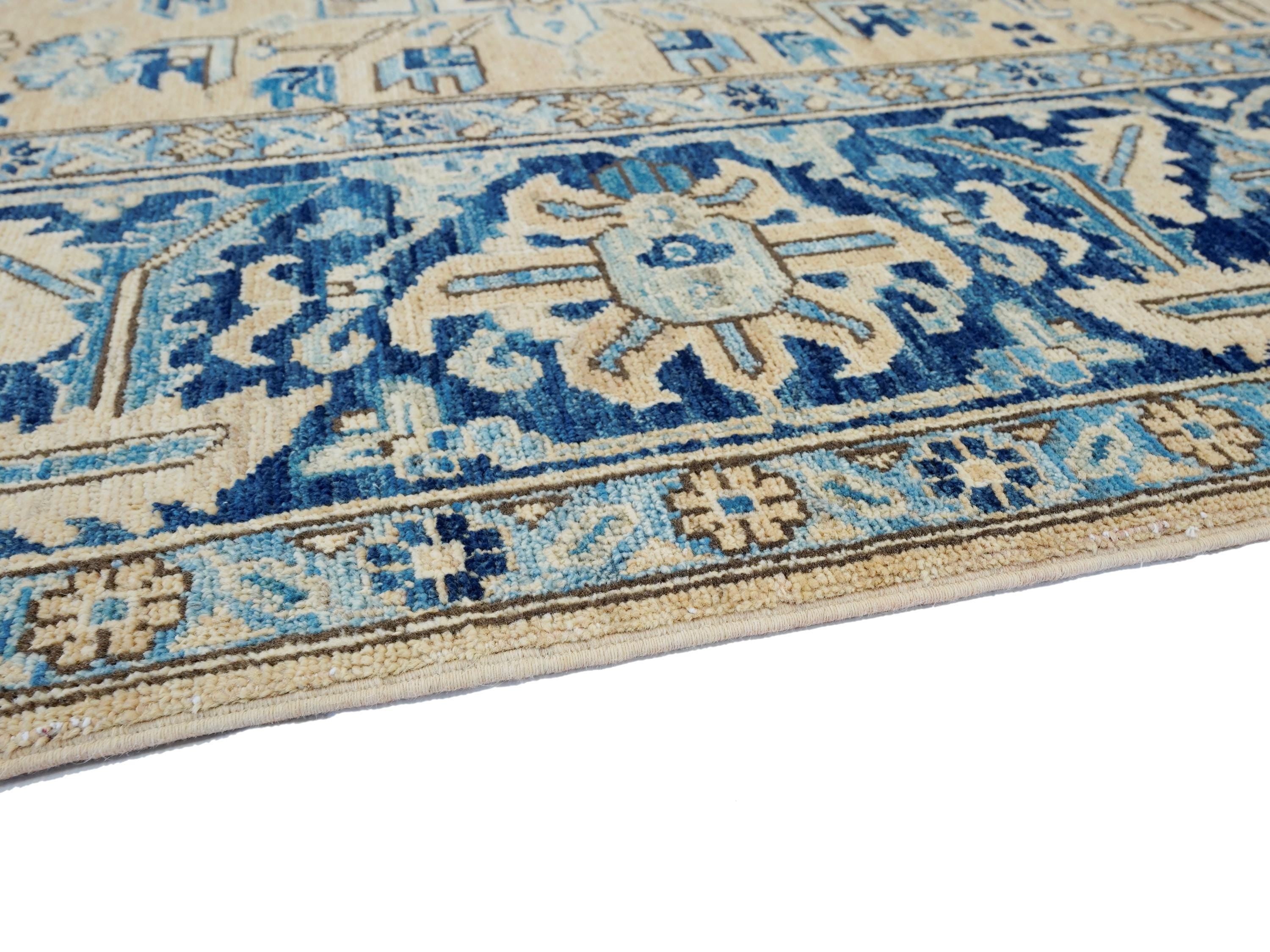 10x14 Ft Beige & Blue Heriz Rug - Hand Knotted Antique Rug