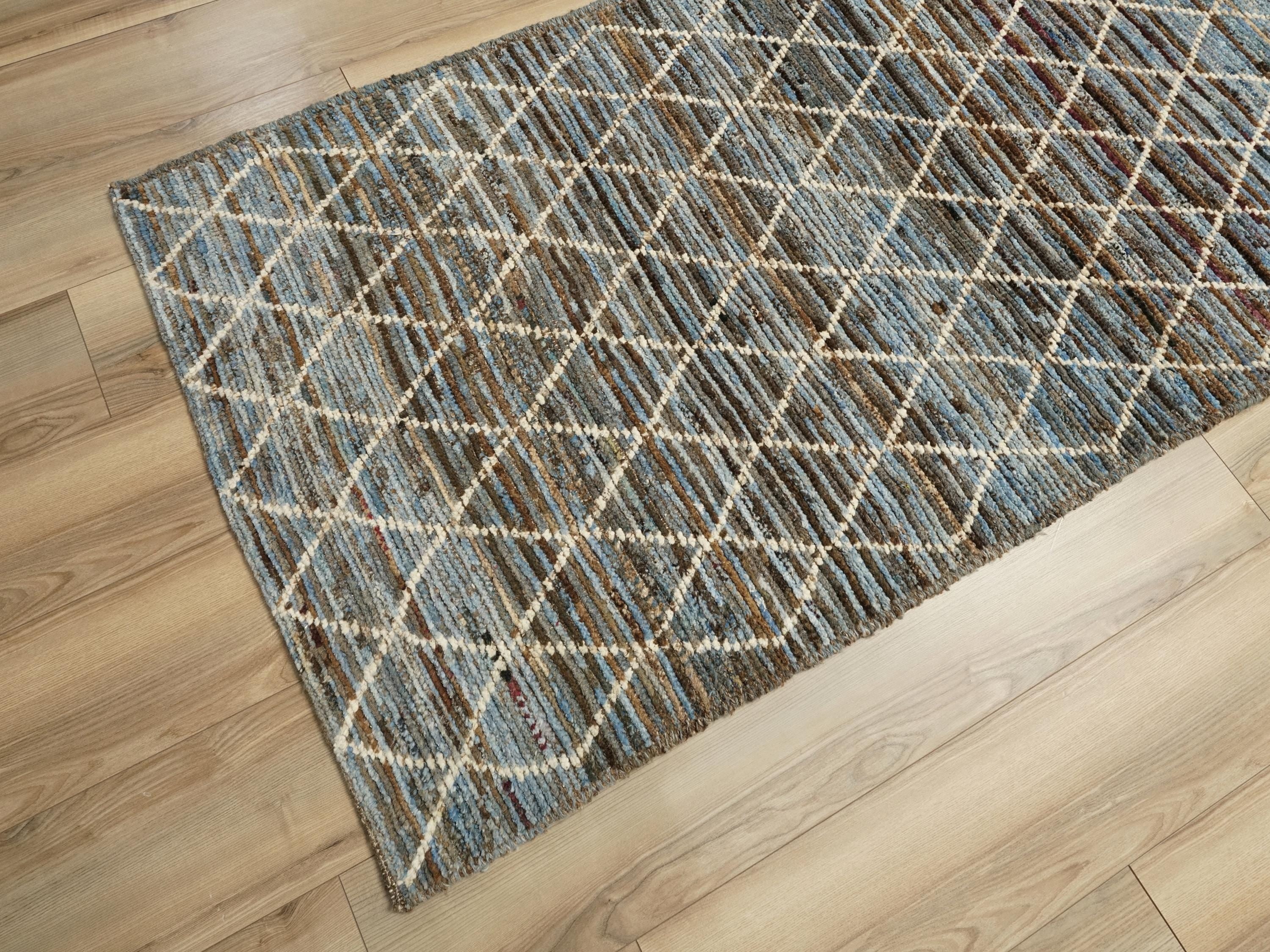 19 Ft Blue Moroccan Runner Rug - Hand Knotted Afghan Hallway Rug