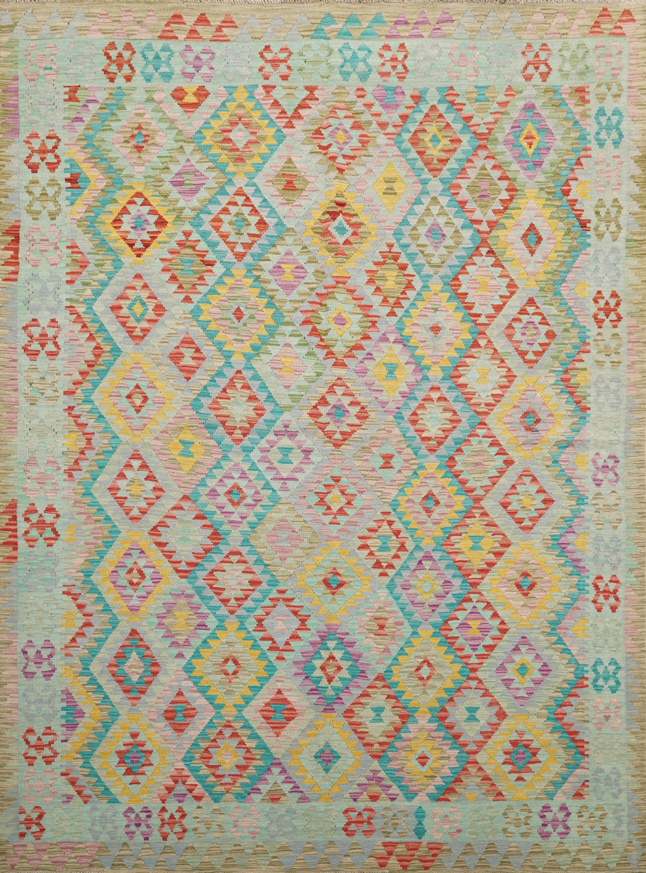 7x10 Ft Green Kilim Rug - Flat Weave Afghan Tribal Rug