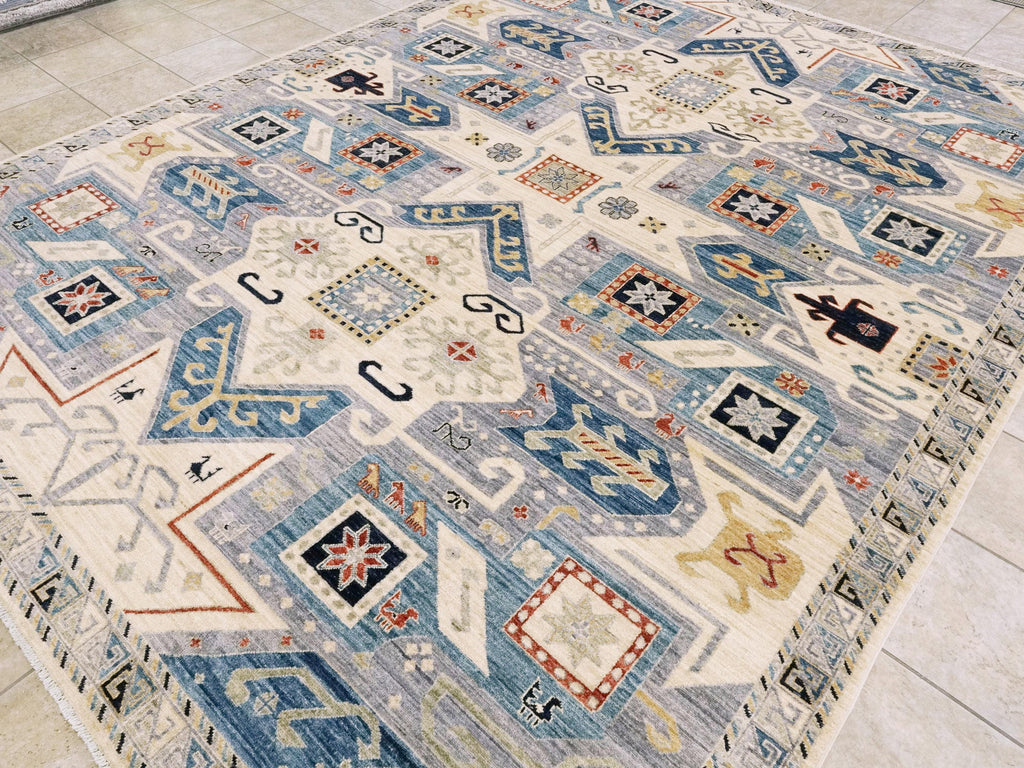 9x12 Ft Light Blue Heriz Rug - Traditional Hand Knotted Area Rug - Geometric Design