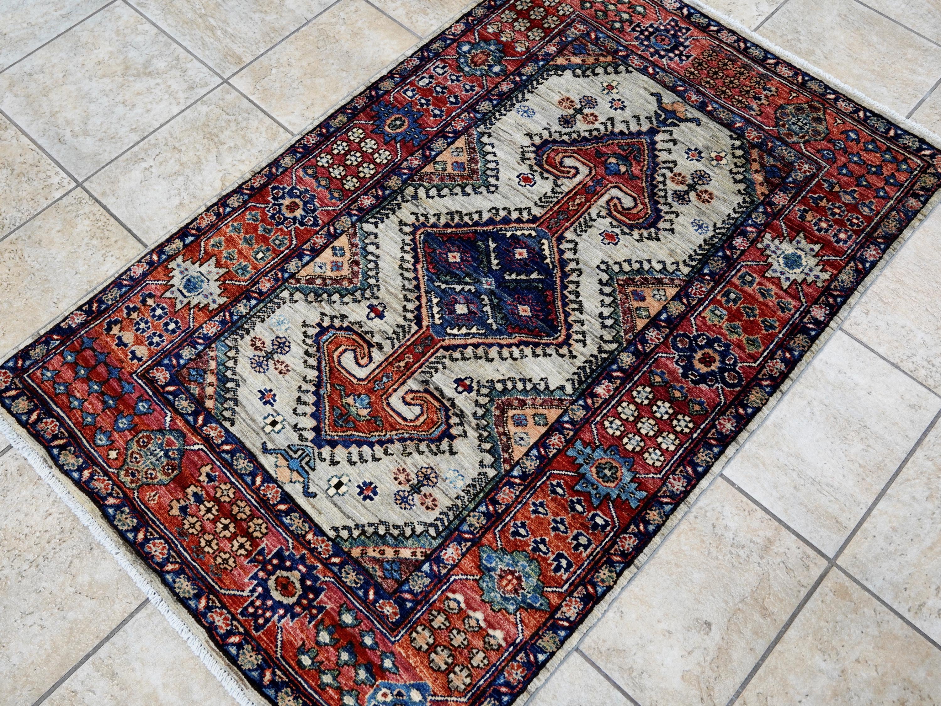 3x5 Ft Red & Gray Kazak Rug - Handmade Afghan Rug