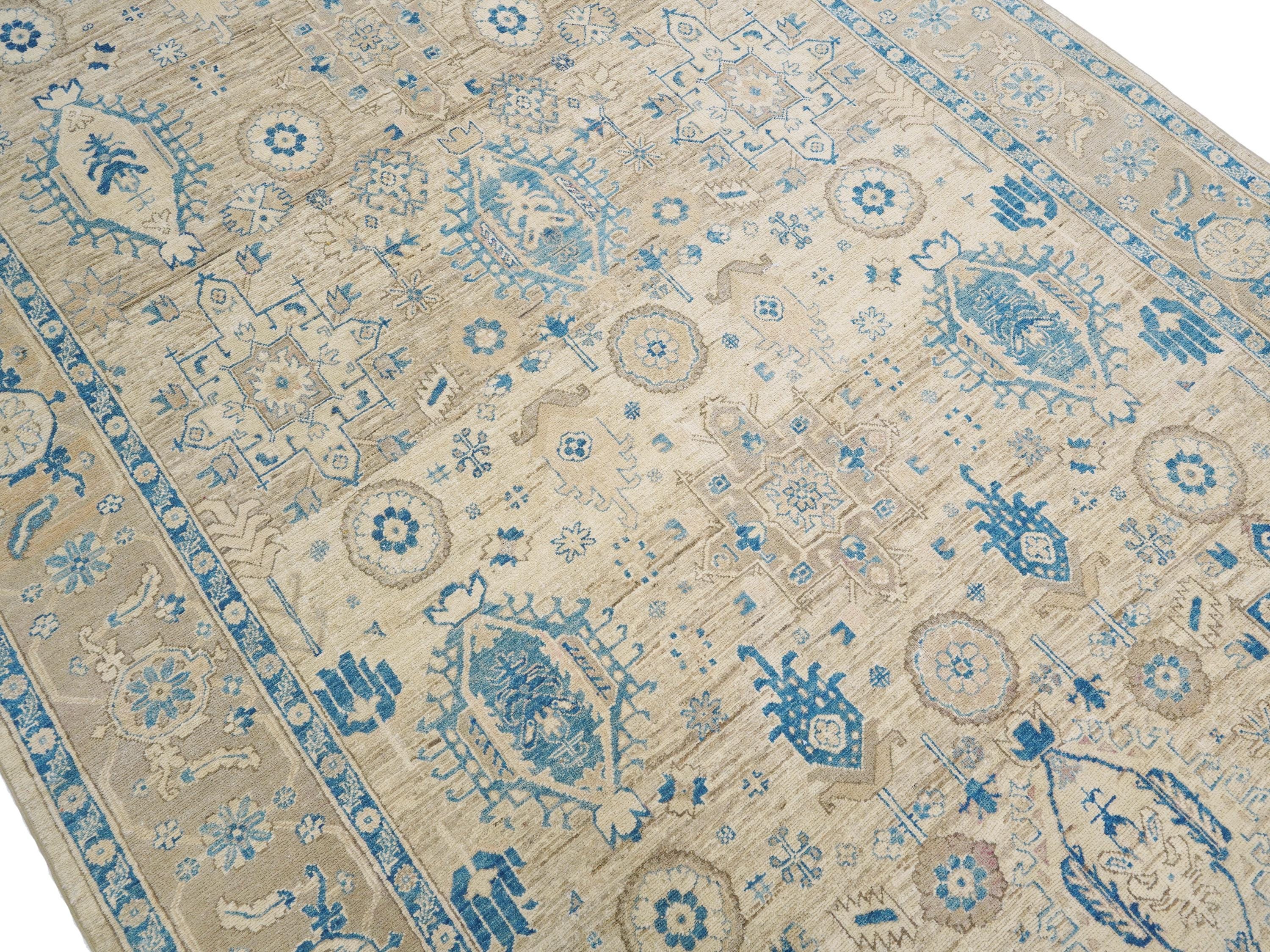 6x10 Ft Antique Heriz Rug - Beige & Blue Persian Rug