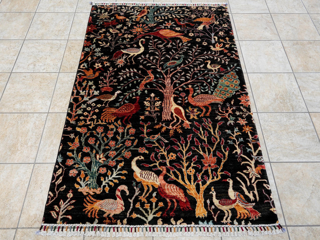 4x6 Ft Black Bird Rug - Hand Knotted Oriental Rug - Garden Design