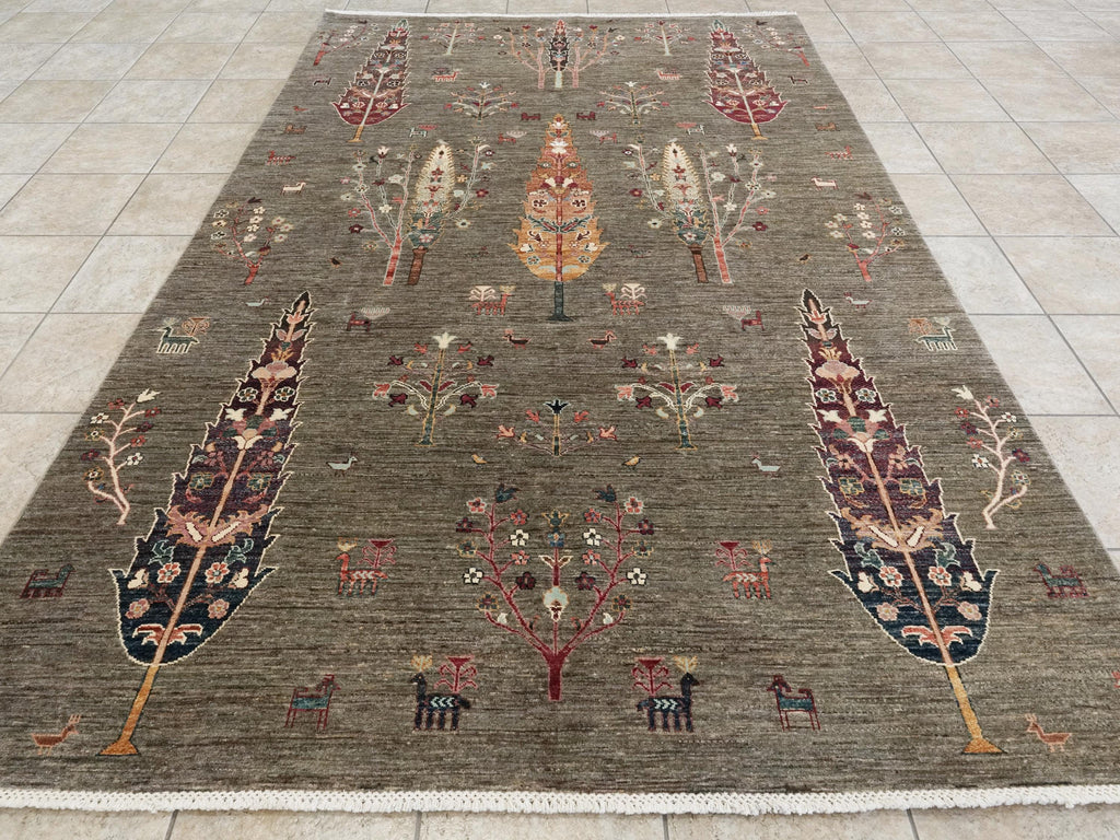 7x10 Ft Dark Brown Serapi Rug - Handmade Afghan Wool Rug - Floral Design