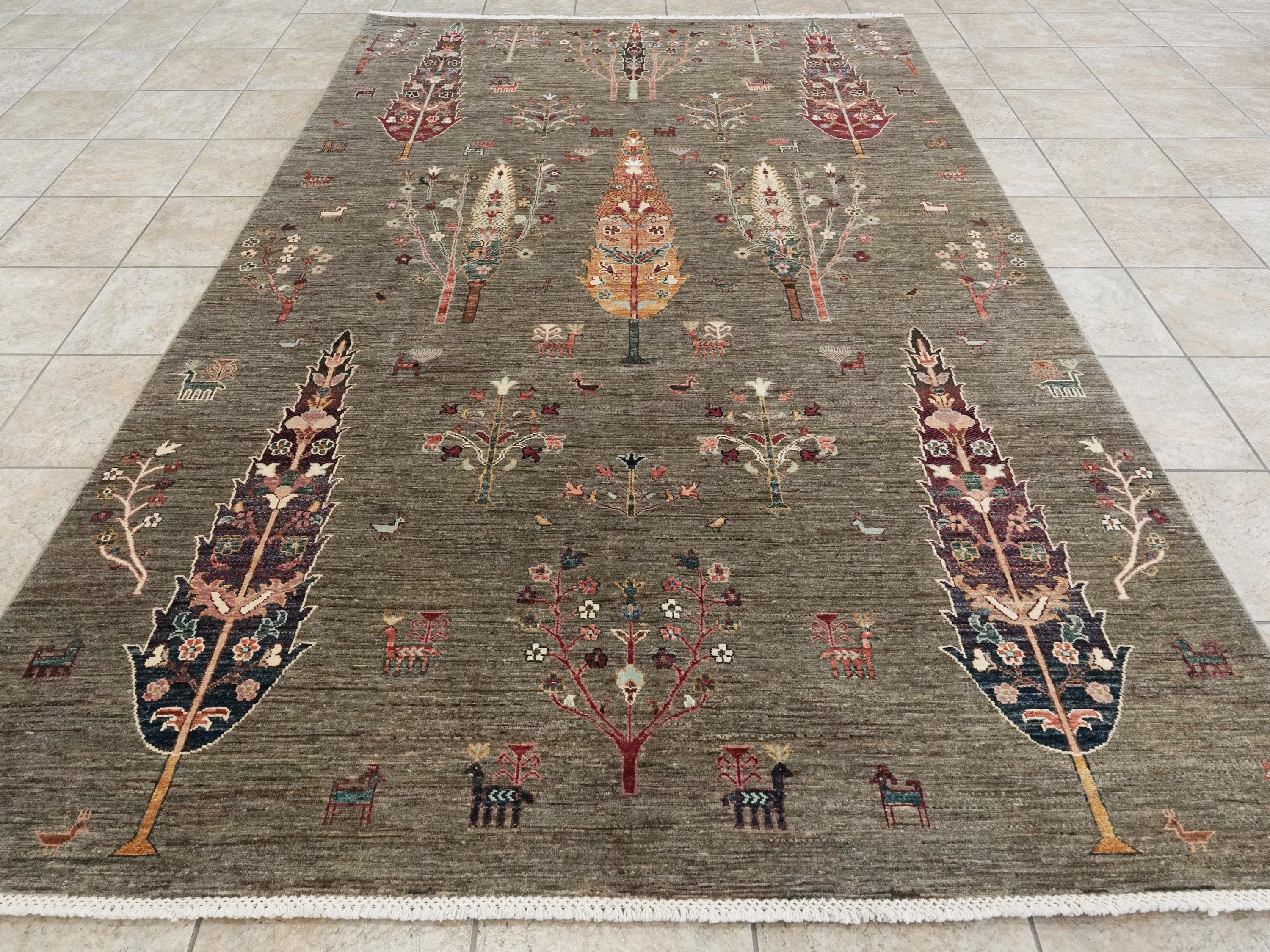 7x10 Ft Dark Brown Serapi Rug - Handmade Afghan Wool Rug - Floral Design