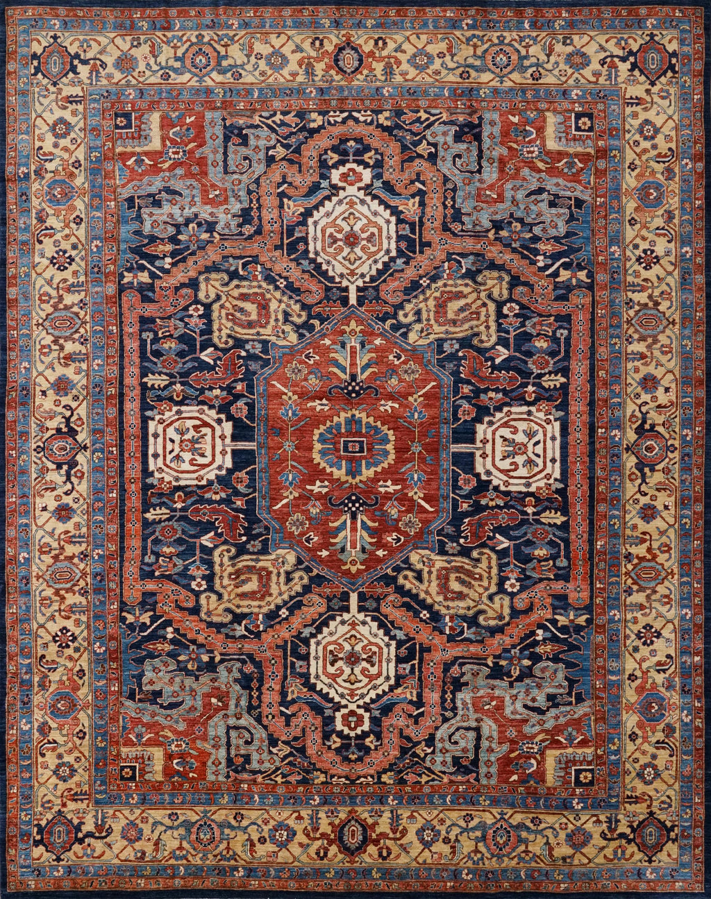 12x15 Ft Hand Knotted Afghan Heriz Rug - Blue & Red Wool Rug