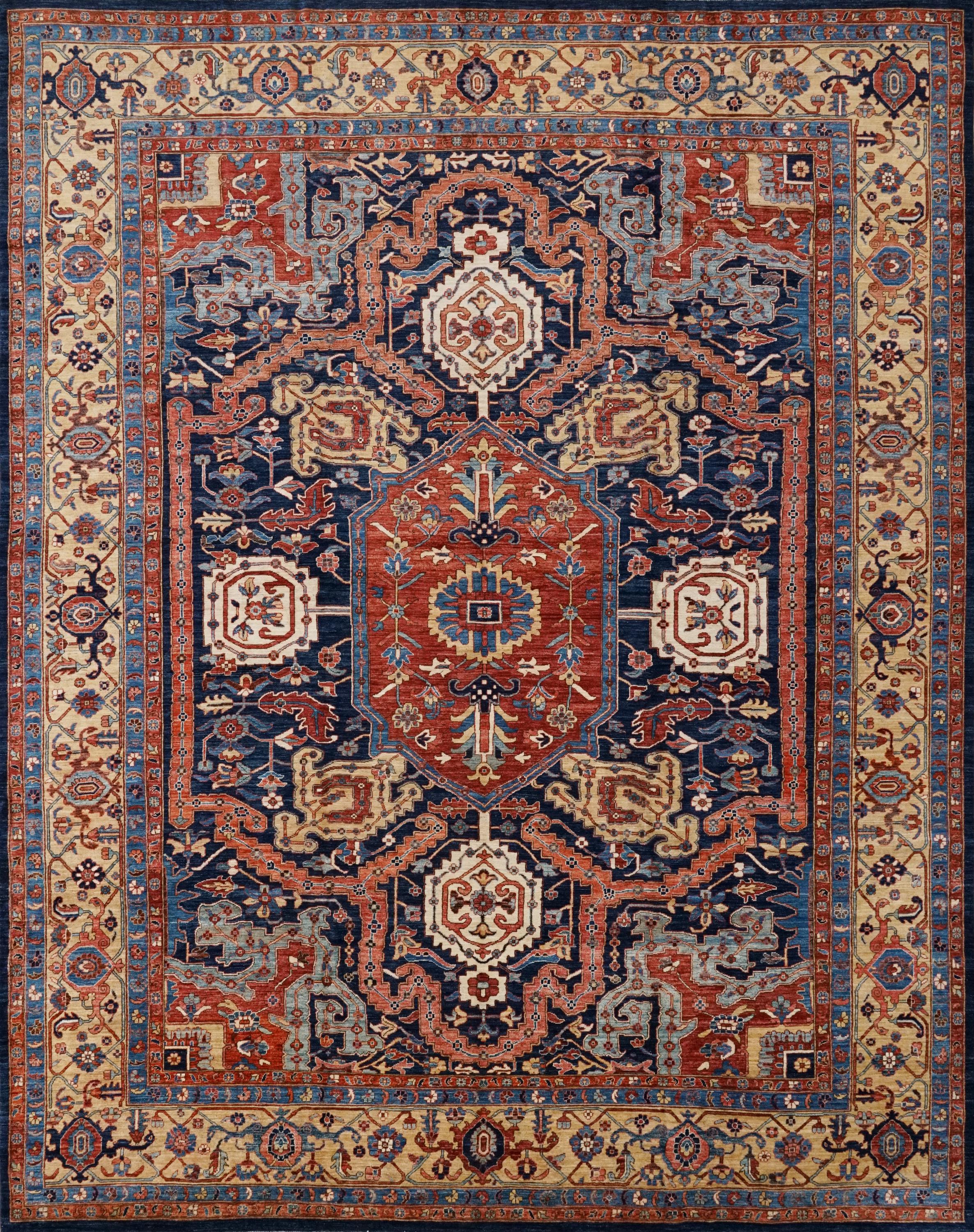 12x15 Ft Hand Knotted Afghan Heriz Rug - Blue & Red Wool Rug