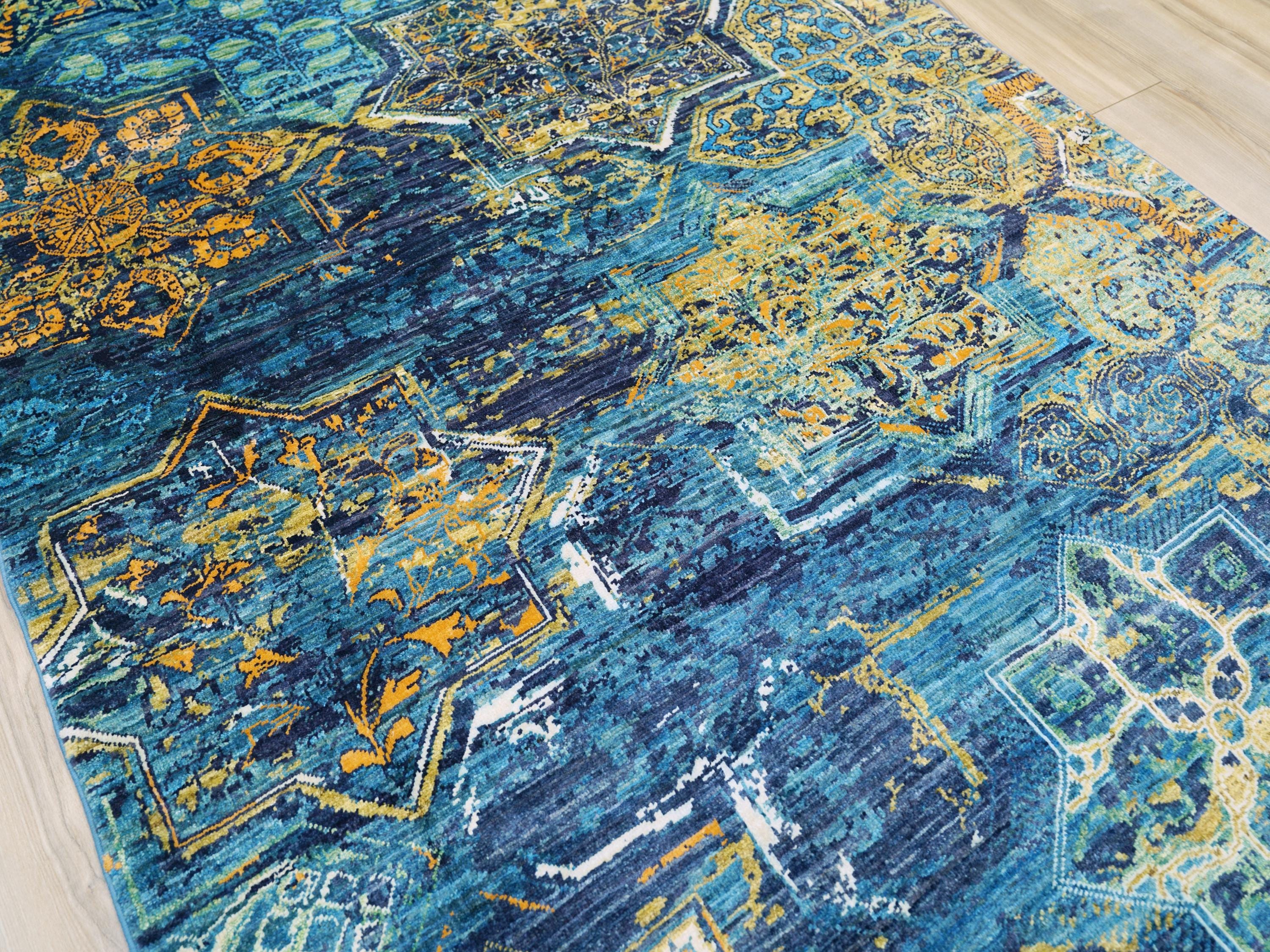 5x7 Ft Blue Abstract Wool Rug - Hand Knotted Area Rug