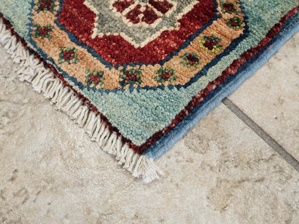 1x2 Ft Hand Knotted Cyan Mamluk Rug: Ghazni Wool Oriental Accent Rug