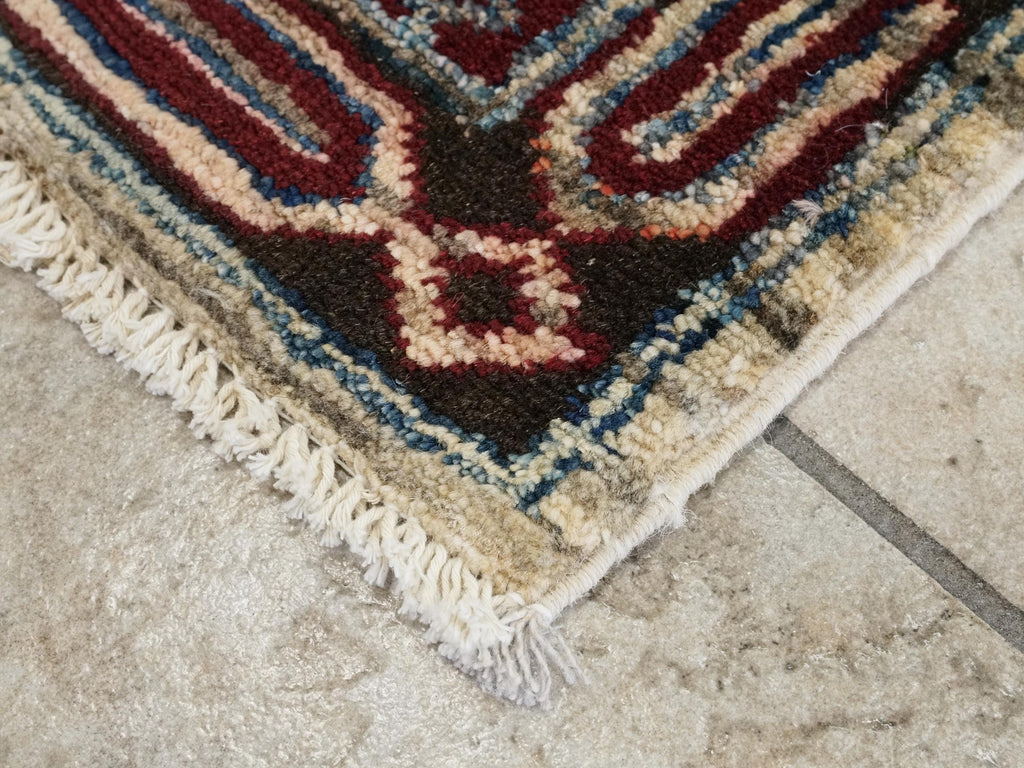 1x2 Ft Hand Knotted Heriz Rug - Beige & Blue Afghan Wool Doormat