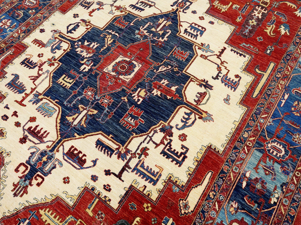 9x12 Ft Red & Blue Serapi Rug - Hand Knotted Antique Rug - Persian Design
