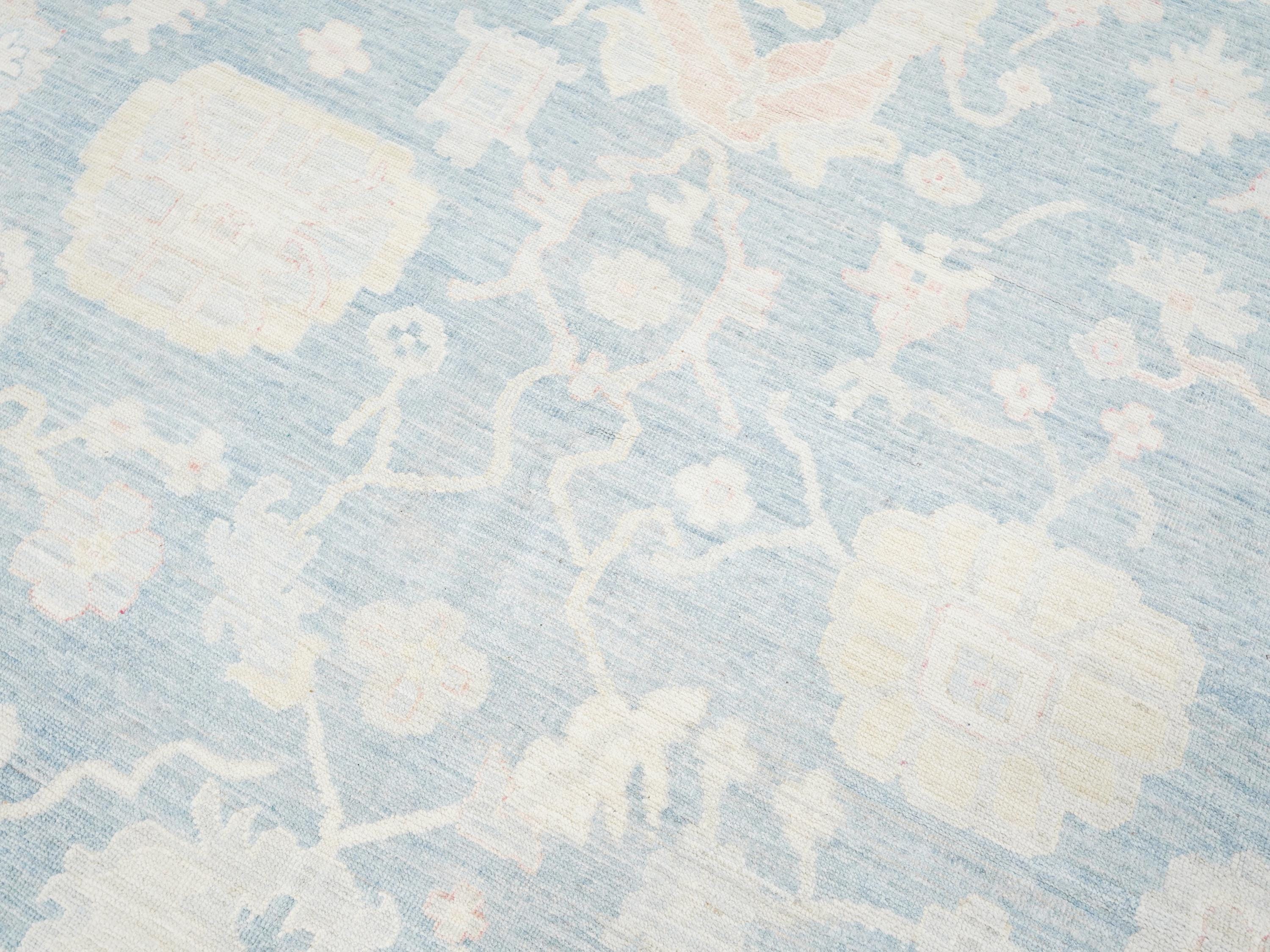 12x15 Ft Muted Ushak Rug - Traditional Wool Area Rug - Blue & White Turkish design